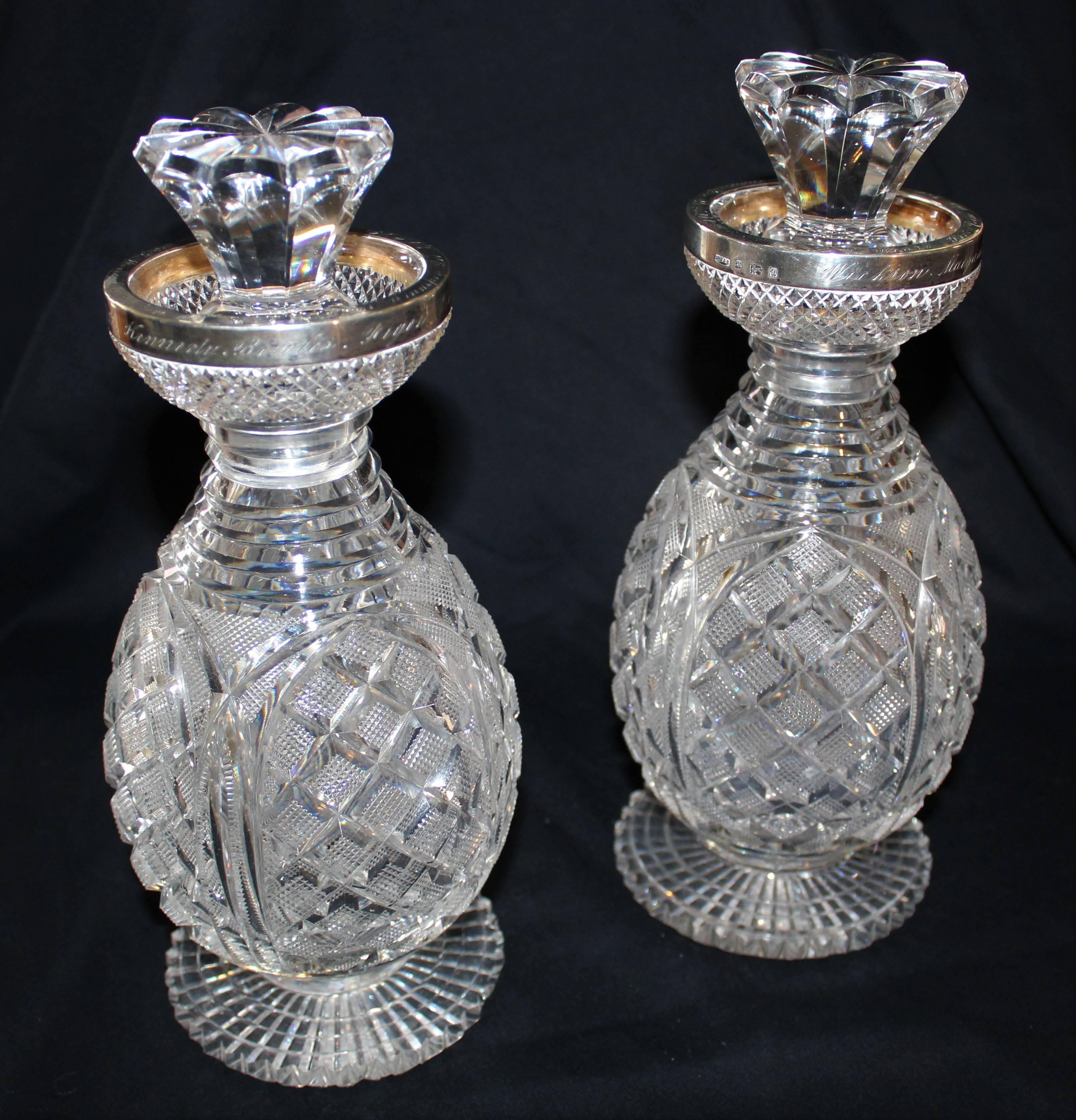 Pair of Cut Crystal and Sterling Silver Decanters, 1900, Birmingham England 3