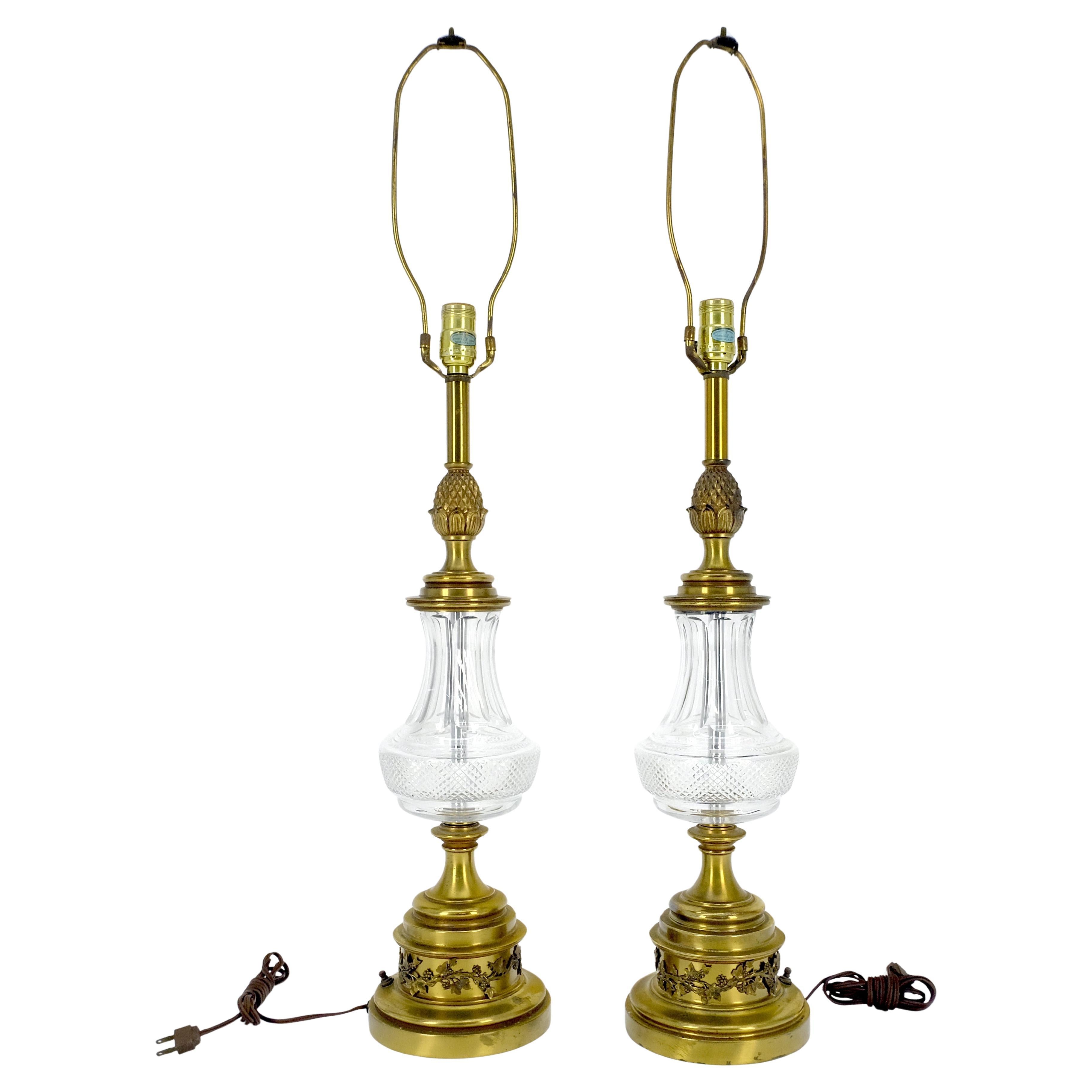 Pair of Cut Crystal 
Brass Vase Shape Table Lamps c1970s