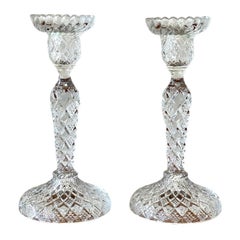 Pair of Cut Crystal Candleholders with Diamond Pattern, 19th Century
