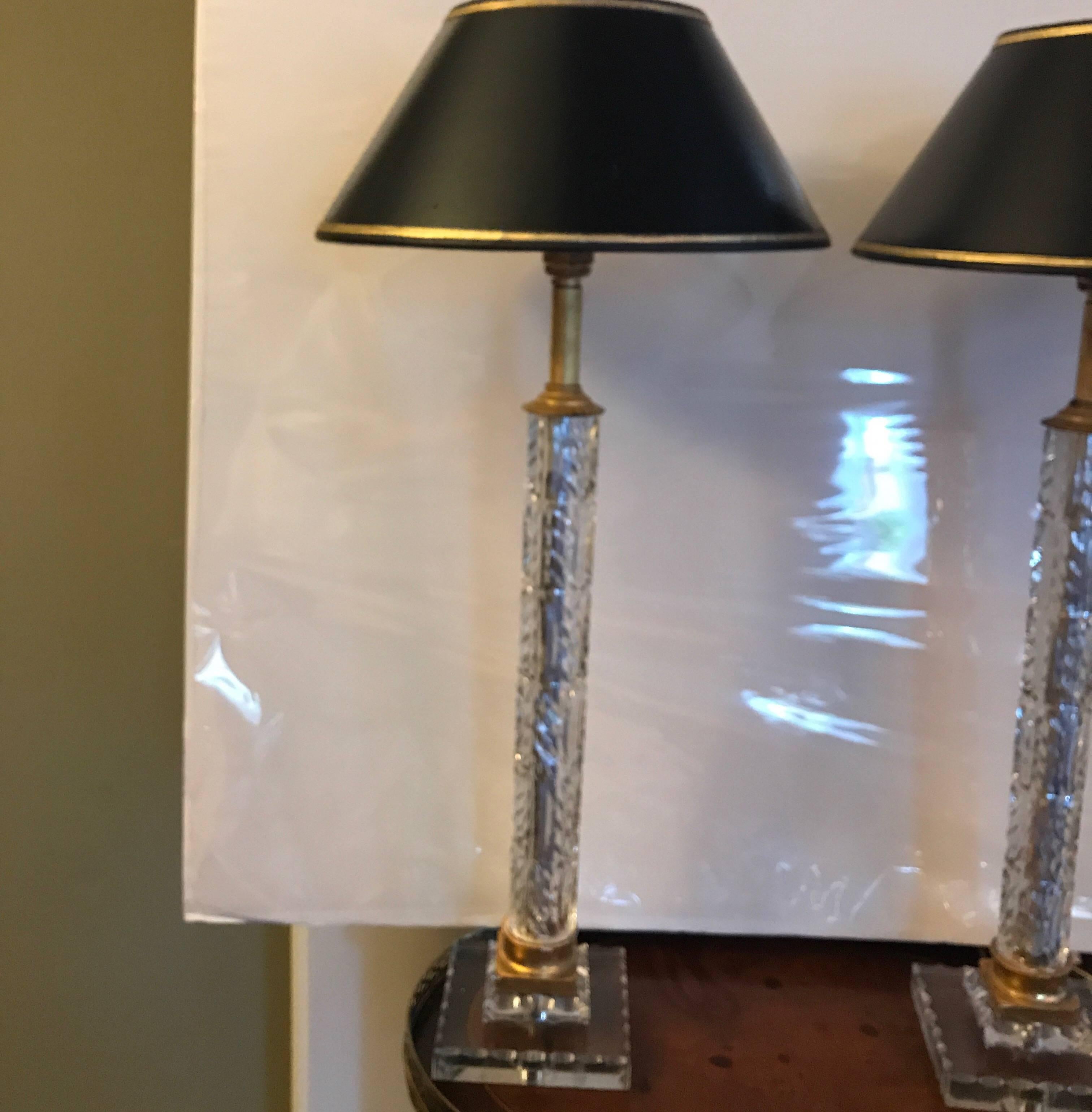 Art Deco Pair of Cut Crystal Custom Column Lamps