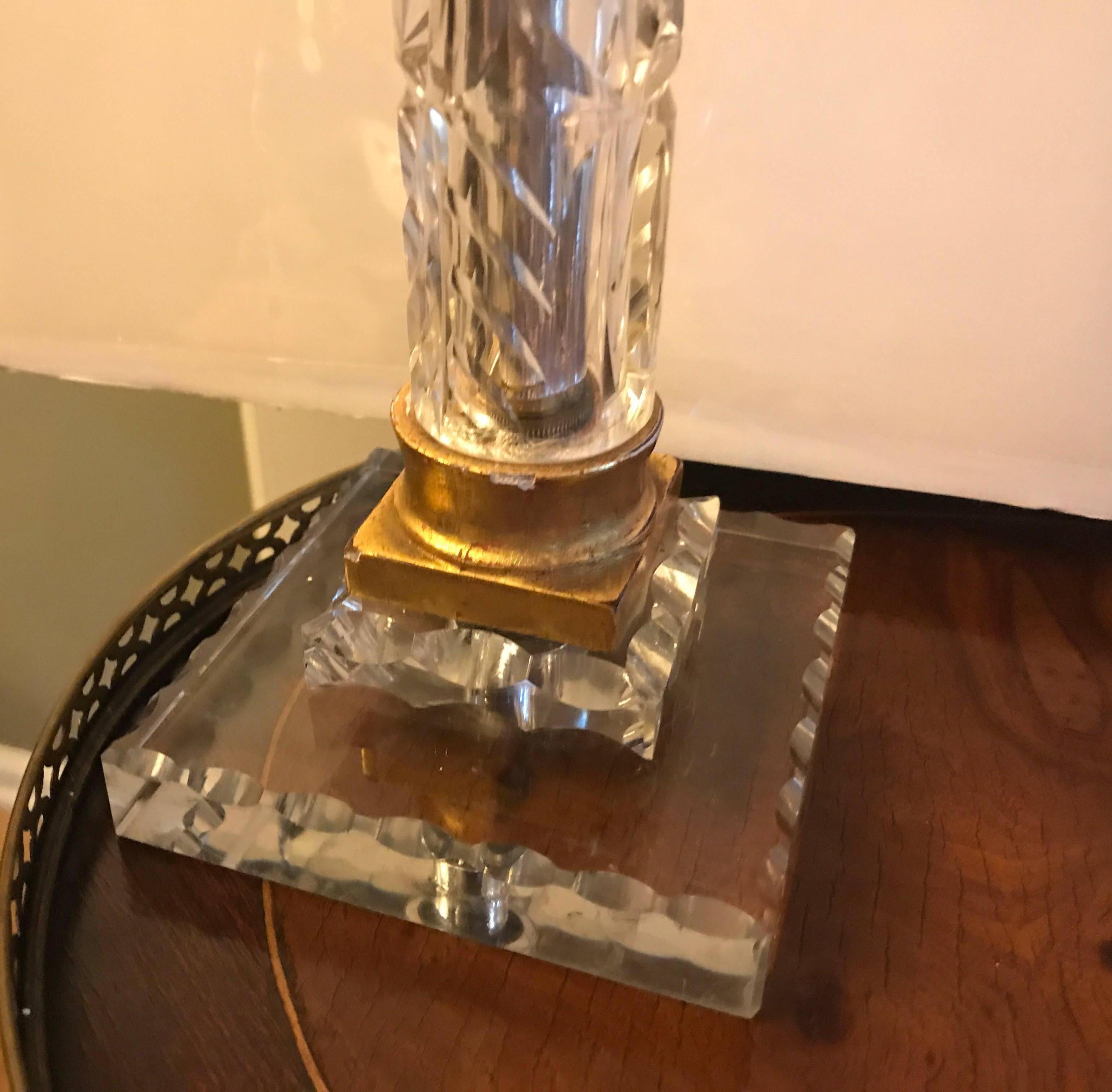Pair of Cut Crystal Custom Column Lamps In Excellent Condition In Lambertville, NJ