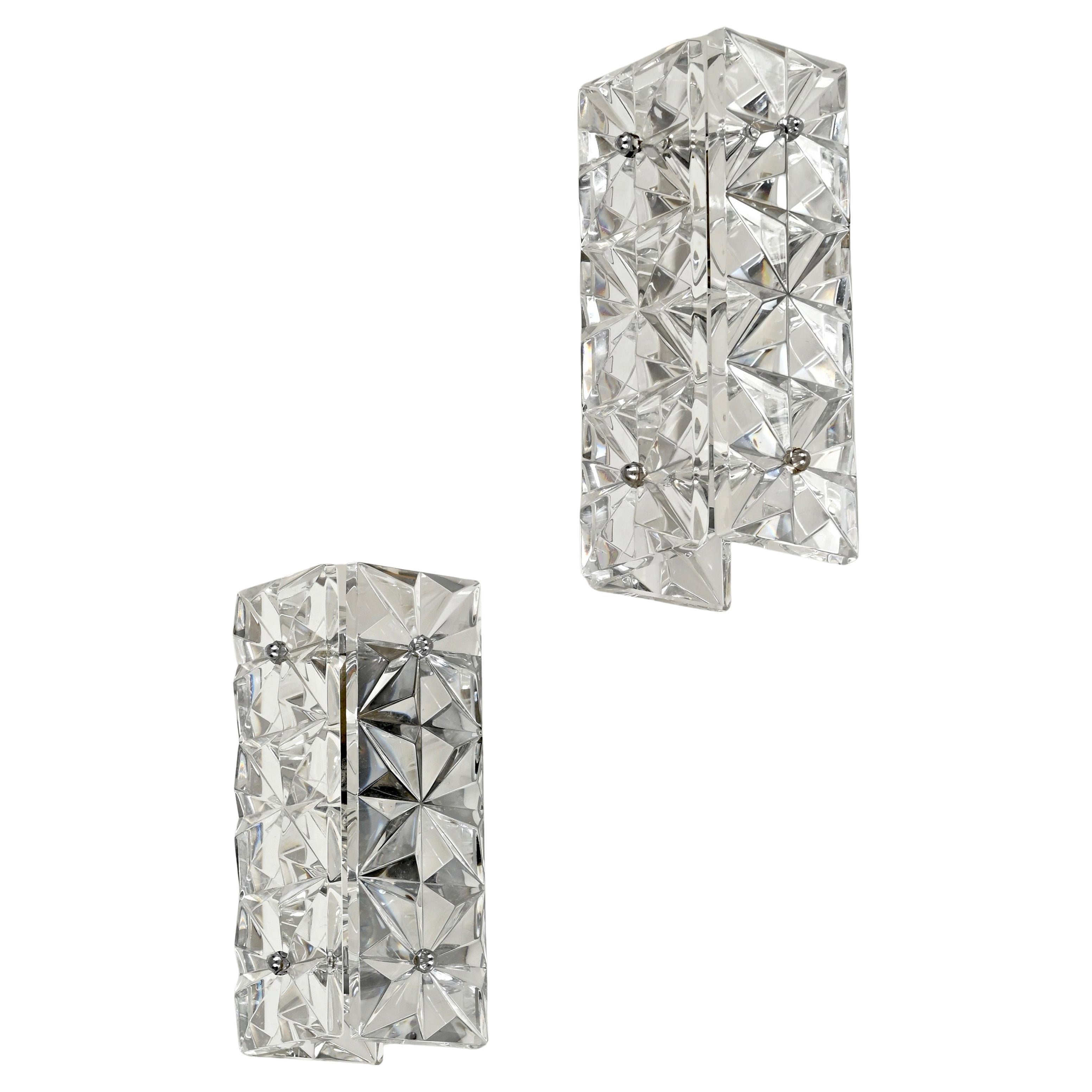 Pair of Cut Crystal Glass and Chrome Sconces by Kinkeldey, 1960s