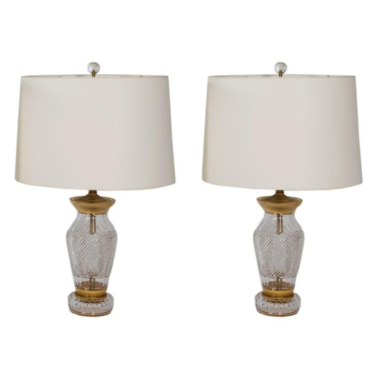 Pair of Cut Crystal Lamps For Sale