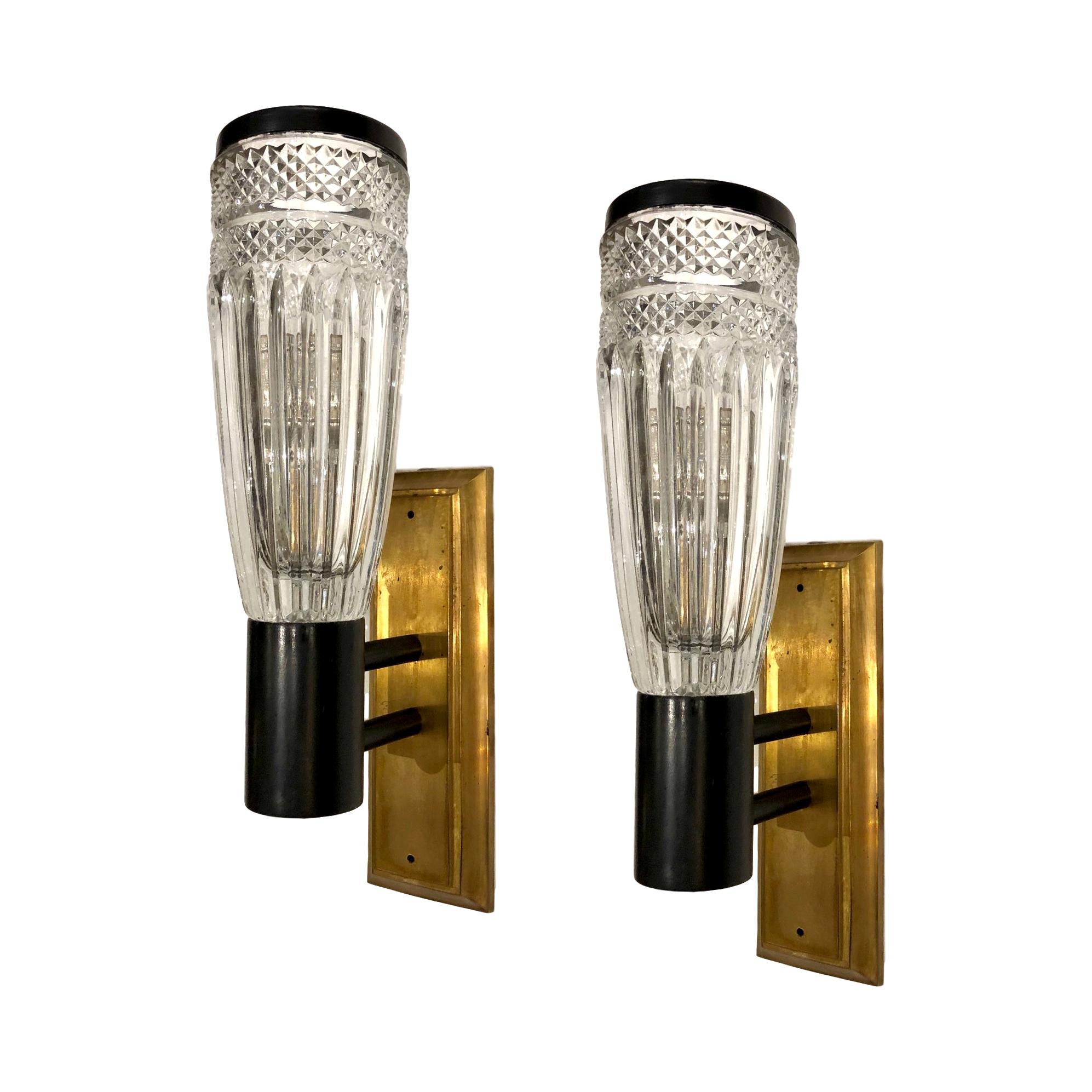 Pair of Cut Crystal Midcentury Sconces