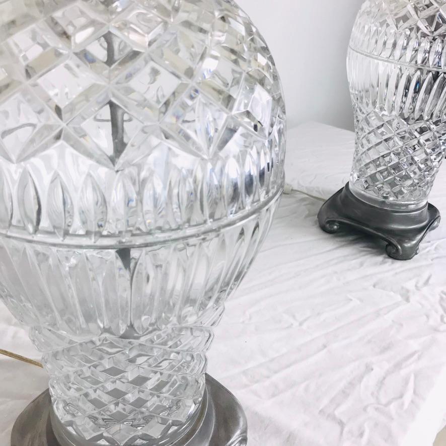 Hollywood Regency Pair of Cut Crystal Table Lamps For Sale