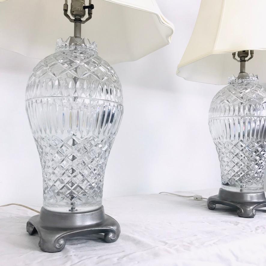 Pair of Cut Crystal Table Lamps In Good Condition For Sale In Dallas, TX