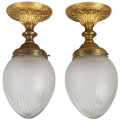 Antique Pair of Cut-Glass and Bronze Ceiling Lights