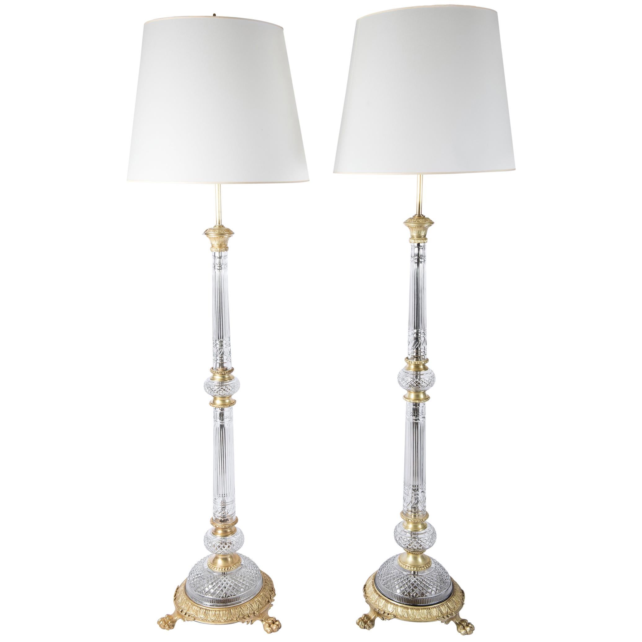 Pair of Cut Glass and Bronze Floor Lamps, F. & C. Osler Style, England