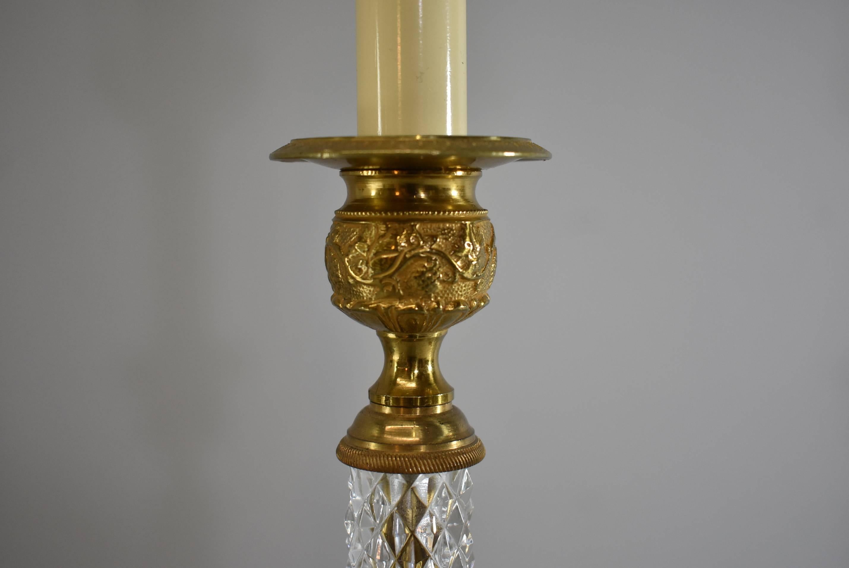 20th Century Pair of Cut-Glass and Embossed Metal Boudior Lamps