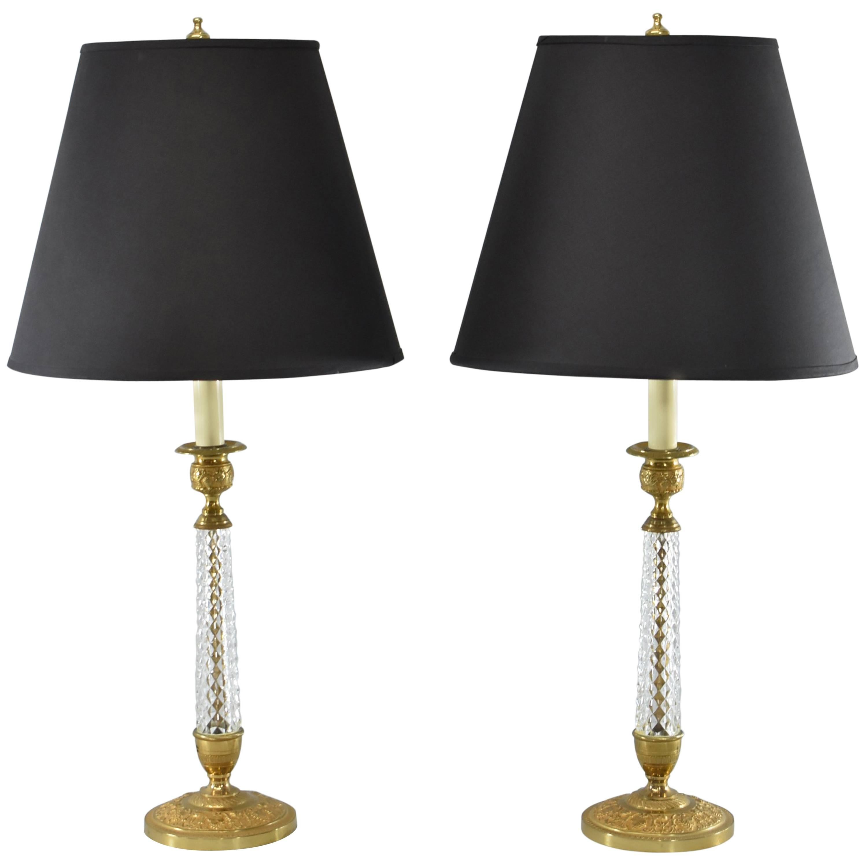 Pair of Cut-Glass and Embossed Metal Boudior Lamps