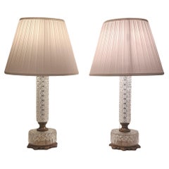 Pair of Cut Glass and Gilt Bronze Lamps with Pleated Shades