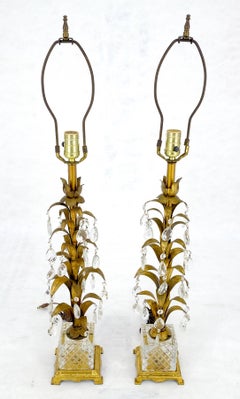 Pair of Cut Glass Bases Italian Tole Lamps With Gilt Leaves and Crystals