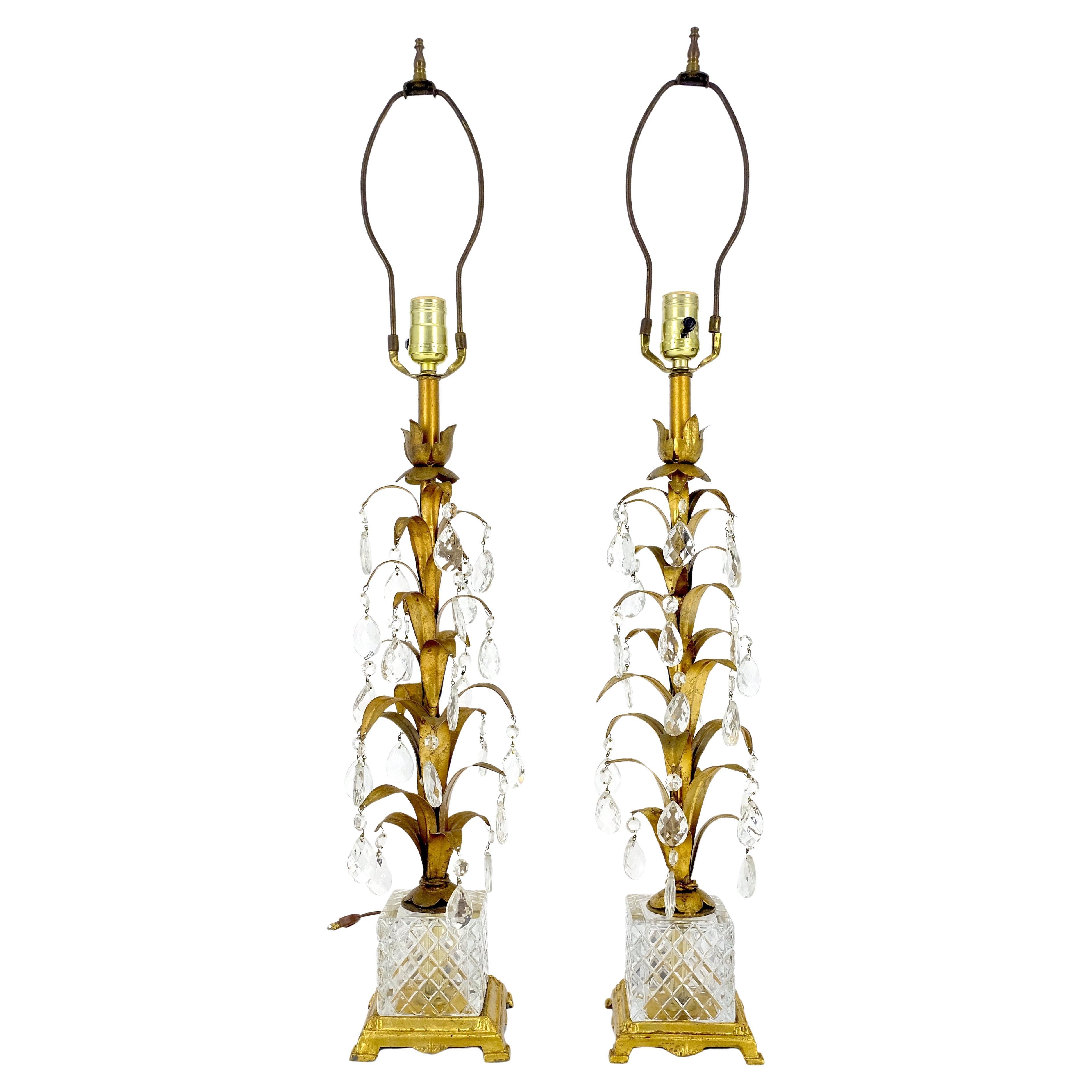 Pair of Cut Glass Bases Italian Tole Lamps With Gilt Leaves and Crystals For Sale