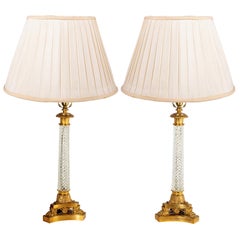Pair of Cut Glass Classical Empire Style Column Lamps