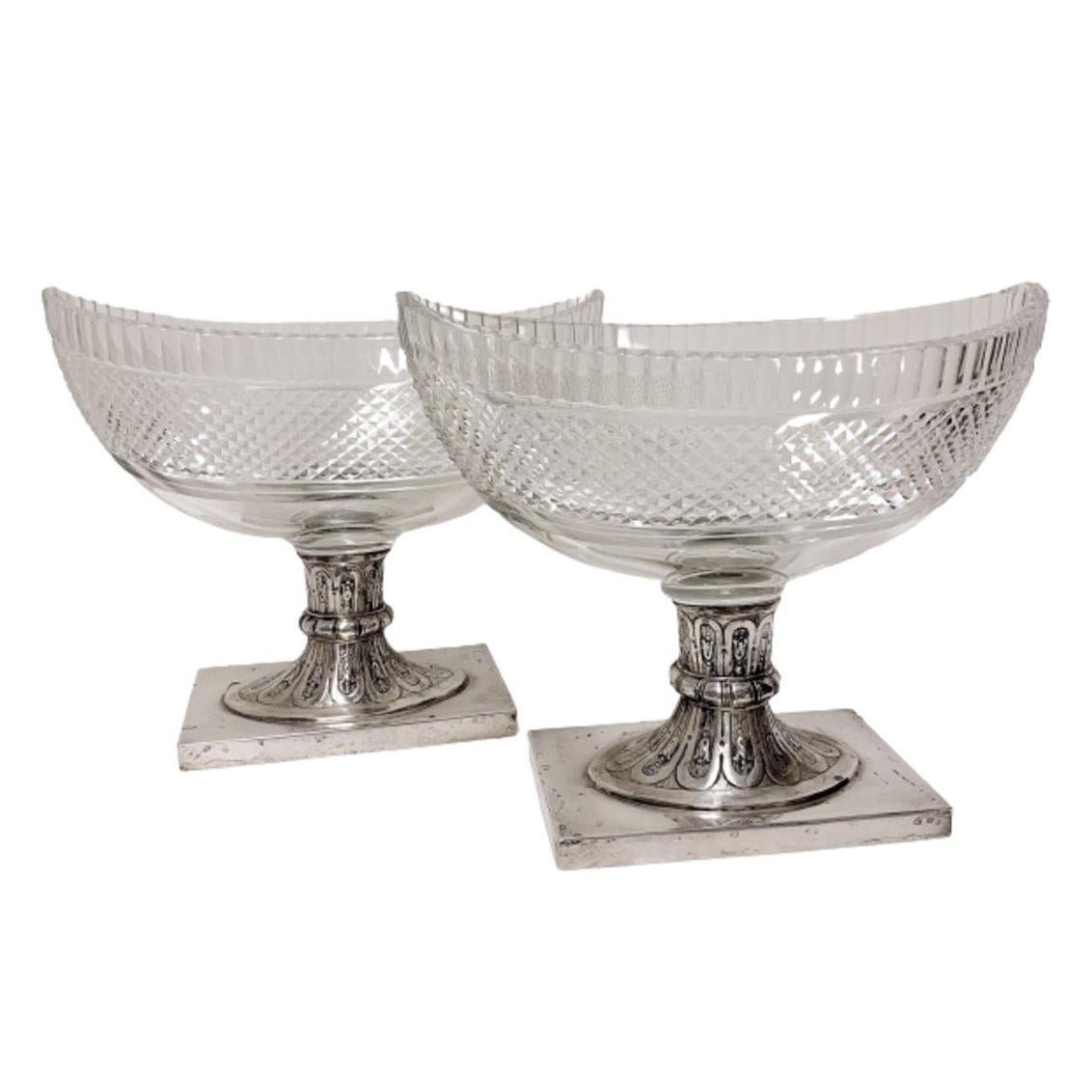 Pair of Cut Glass Compote Bowls on Silver Pedestal For Sale
