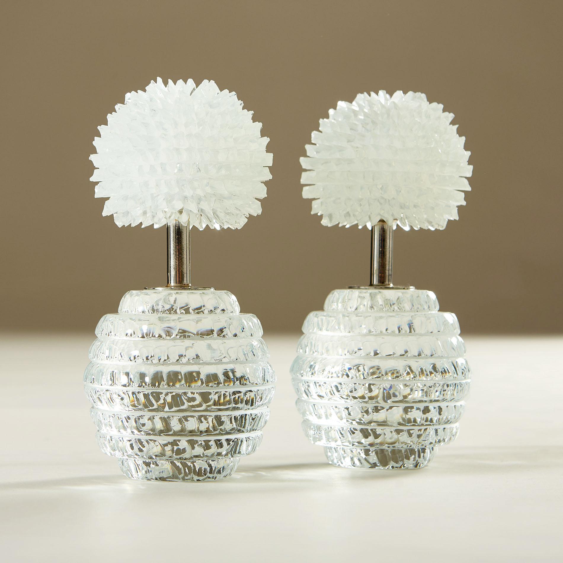 Glass Lamps composed of spherical cut-glass bases supporting glass crystal shades, the halogen bulbs operate on dimmer switches allowing you to create the perfect mood light