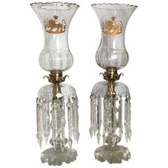 Pair of Cut Glass Hurricane Candlesticks with Lion Decoration