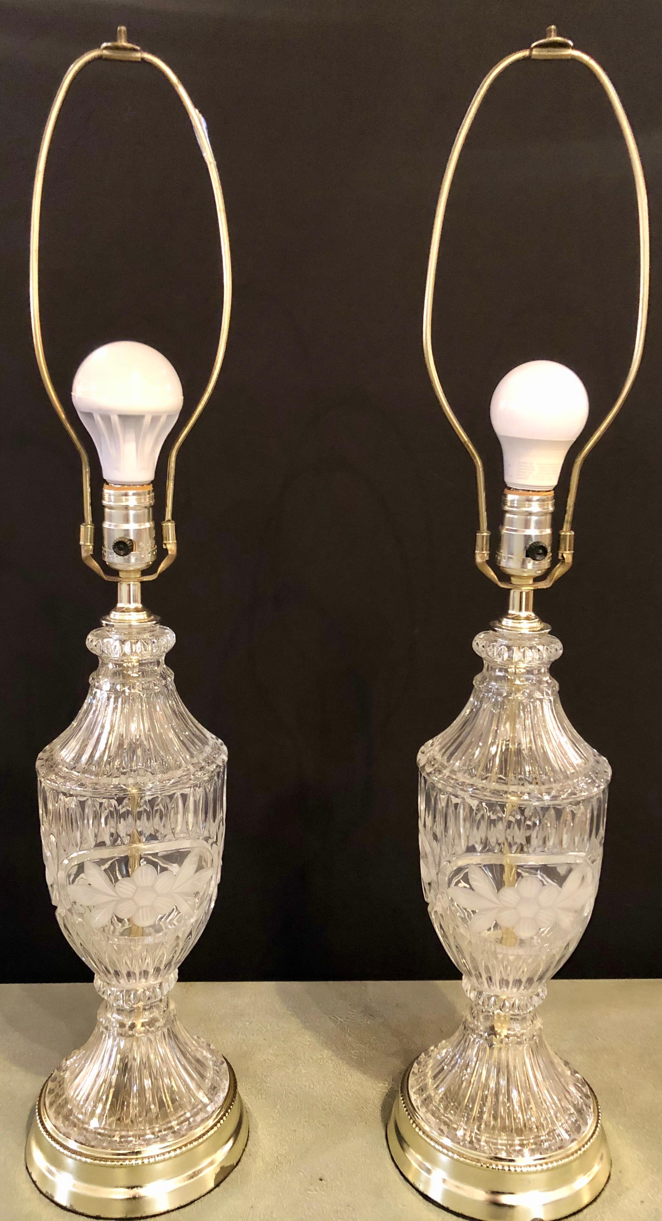 Art Deco Pair of Cut Glass Lamps Having an Urn Form For Sale