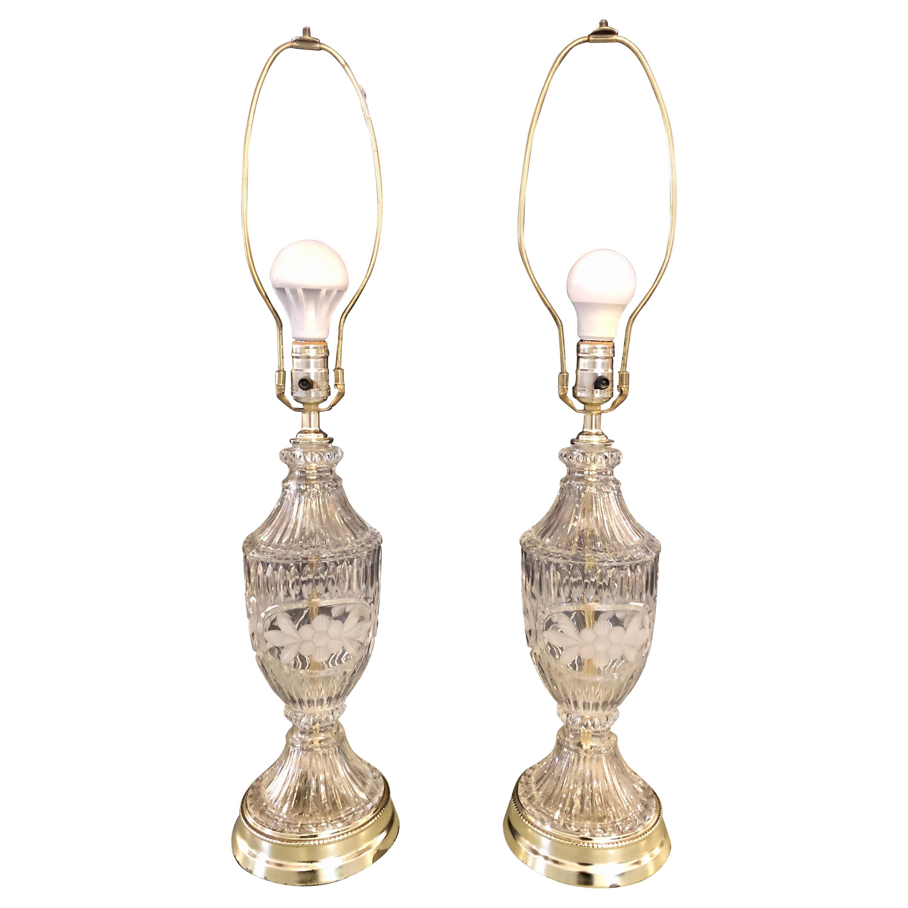 Pair of Cut Glass Lamps Having an Urn Form For Sale