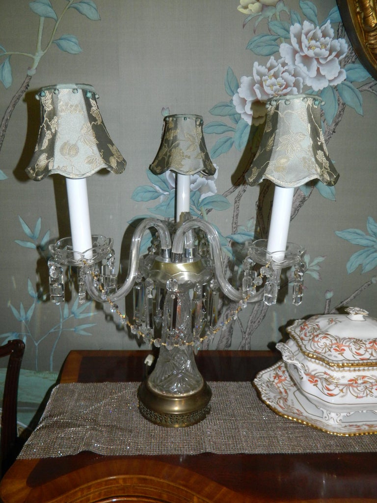 Pair of CutGlass ThreeArm Candelabras with Shades, 20th Century at 1stDibs