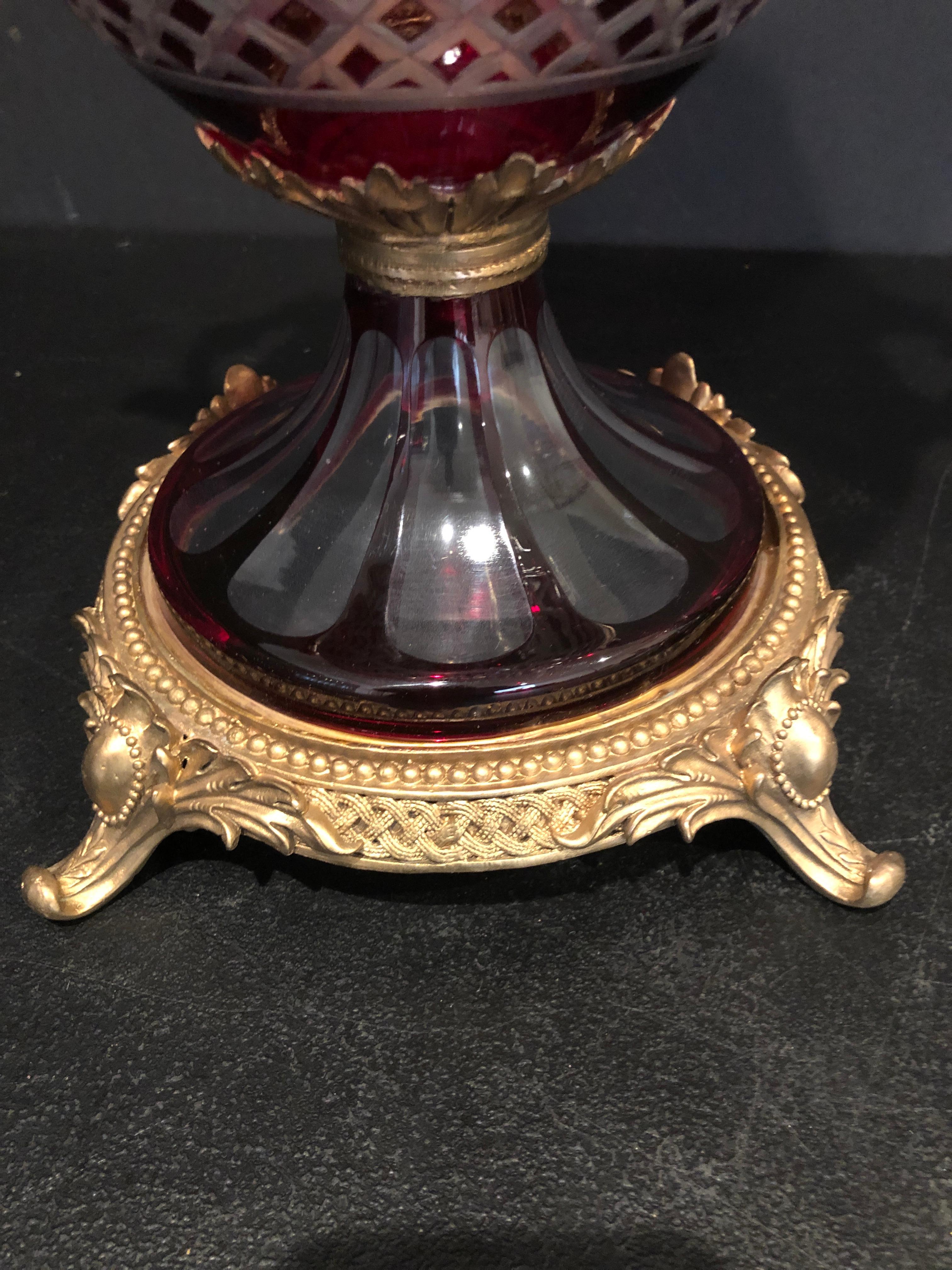 Gilt Pair Baccarat Style Cut Glass Urns For Sale