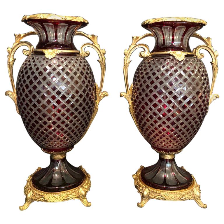 Pair Baccarat Style Cut Glass Urns For Sale