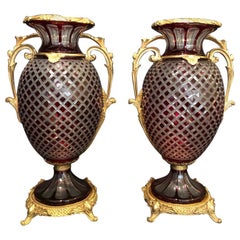 Vintage Pair Baccarat Style Cut Glass Urns