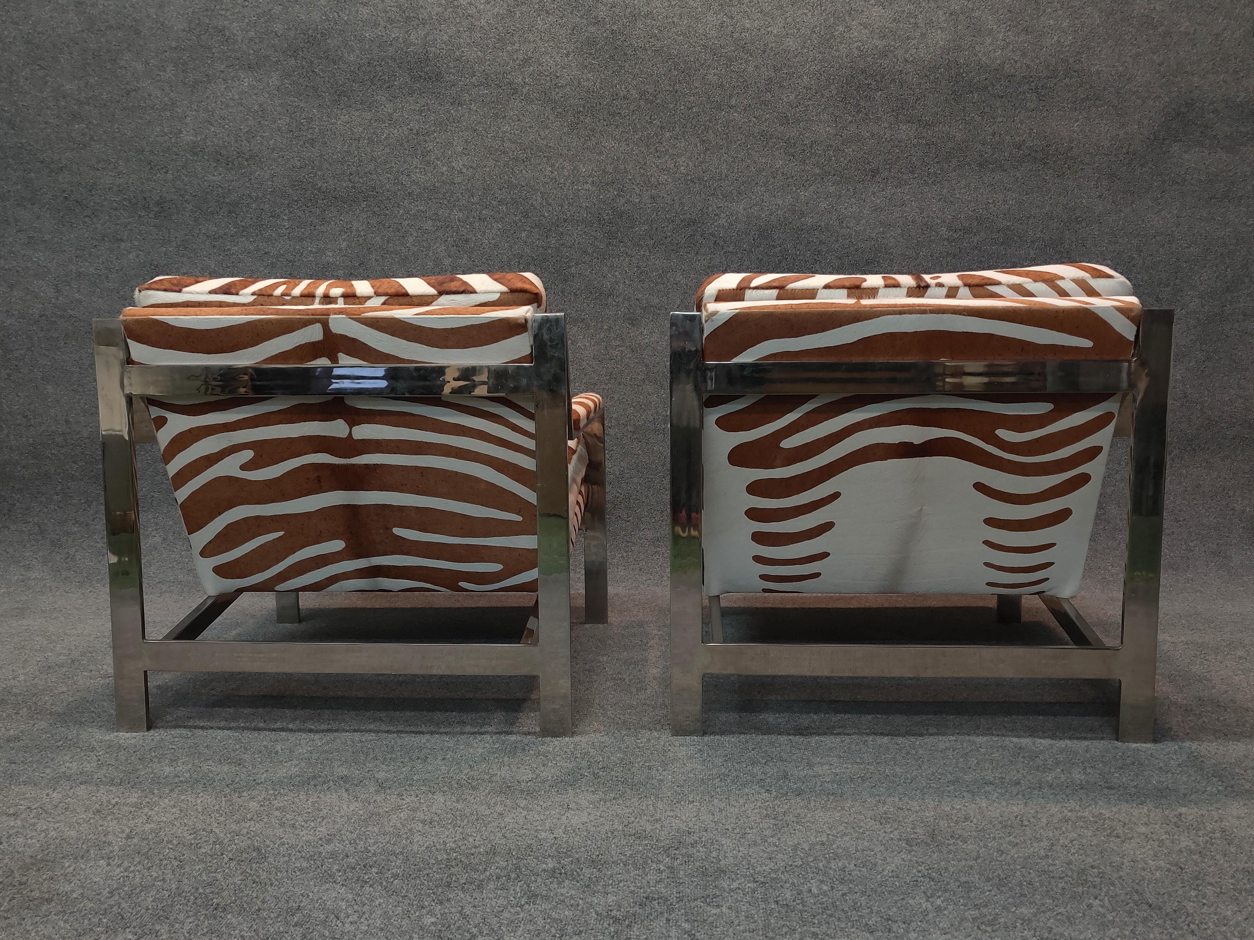 Pair of Cy Mann Attributed Flat Bar Lounge Chairs in Cowhide 2
