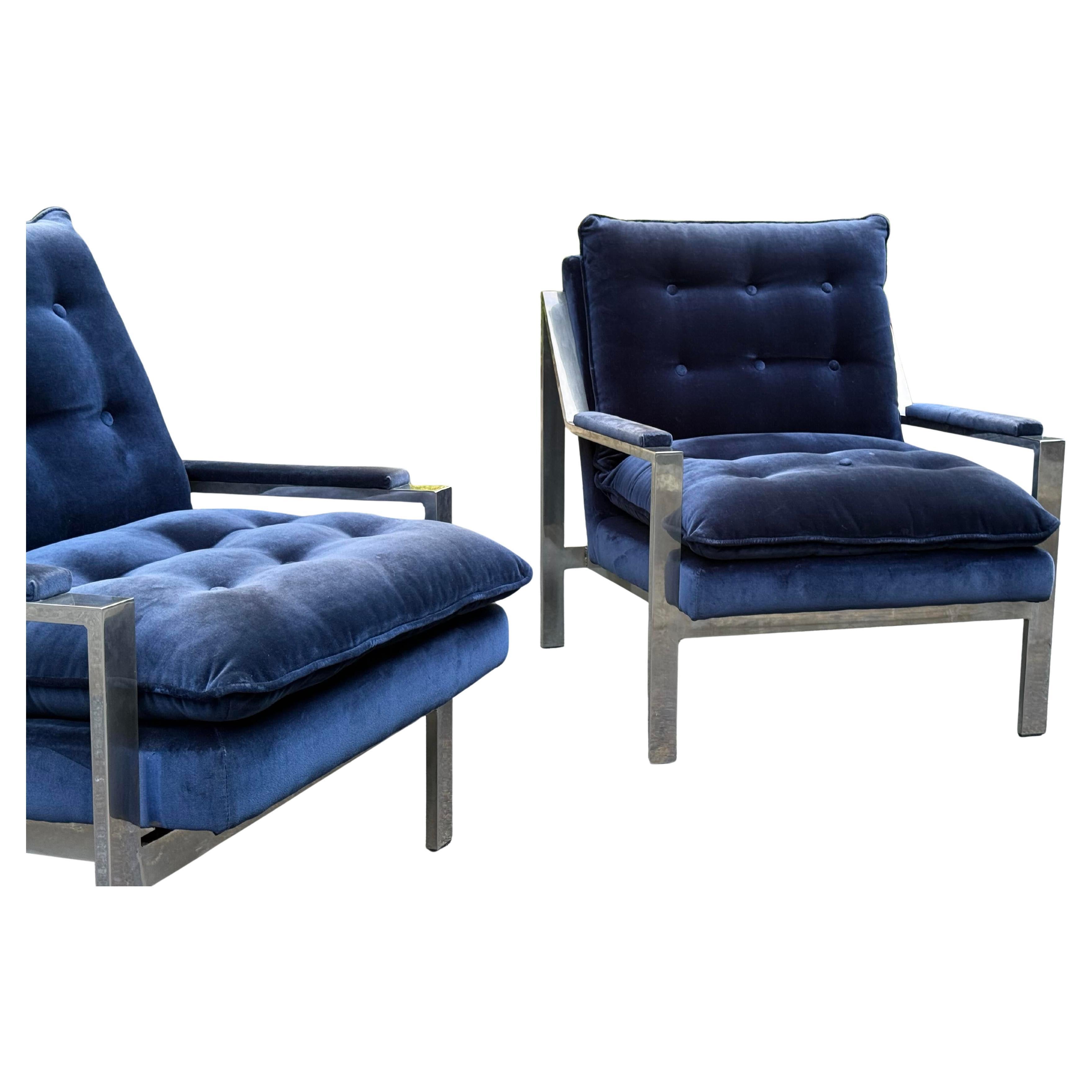 Pair of Cy Mann Chrome Chairs in Blue Velvet - Circa 1960s For Sale 4