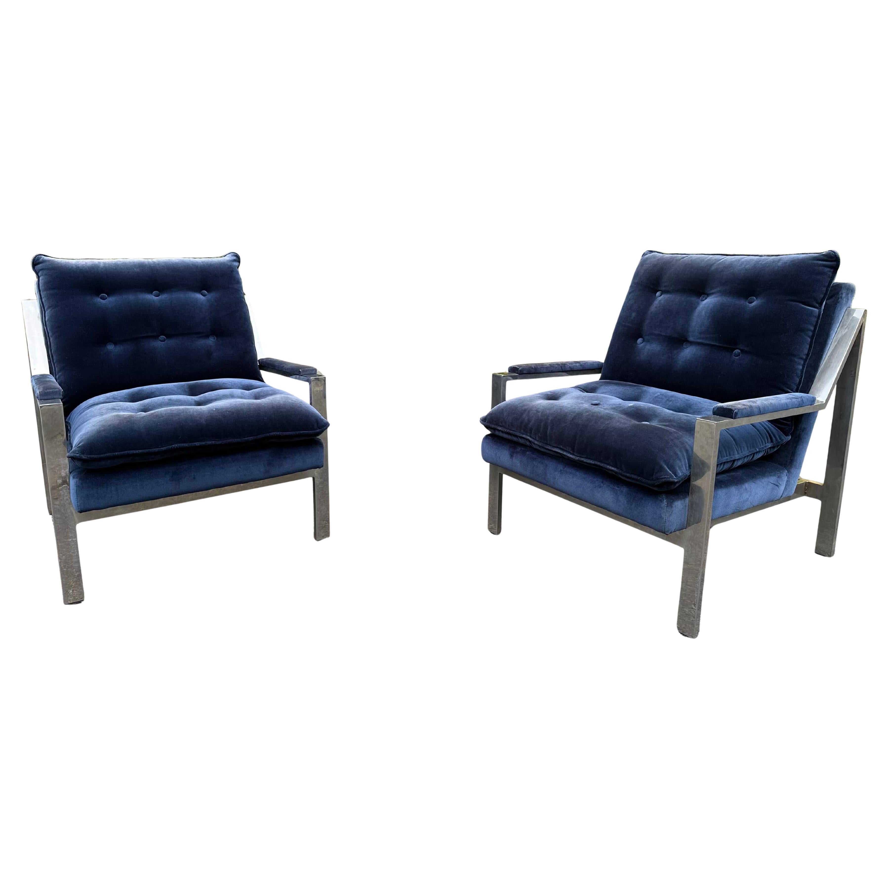 Vintage 1960s chrome and velvet chairs by Cy Mann. These model 232 chairs (often attributed to Milo Baughman) are in fabulous original blue velvet and feature a flat bar chrome frame with upholstered armrests.

These chairs are very cool.

Very good