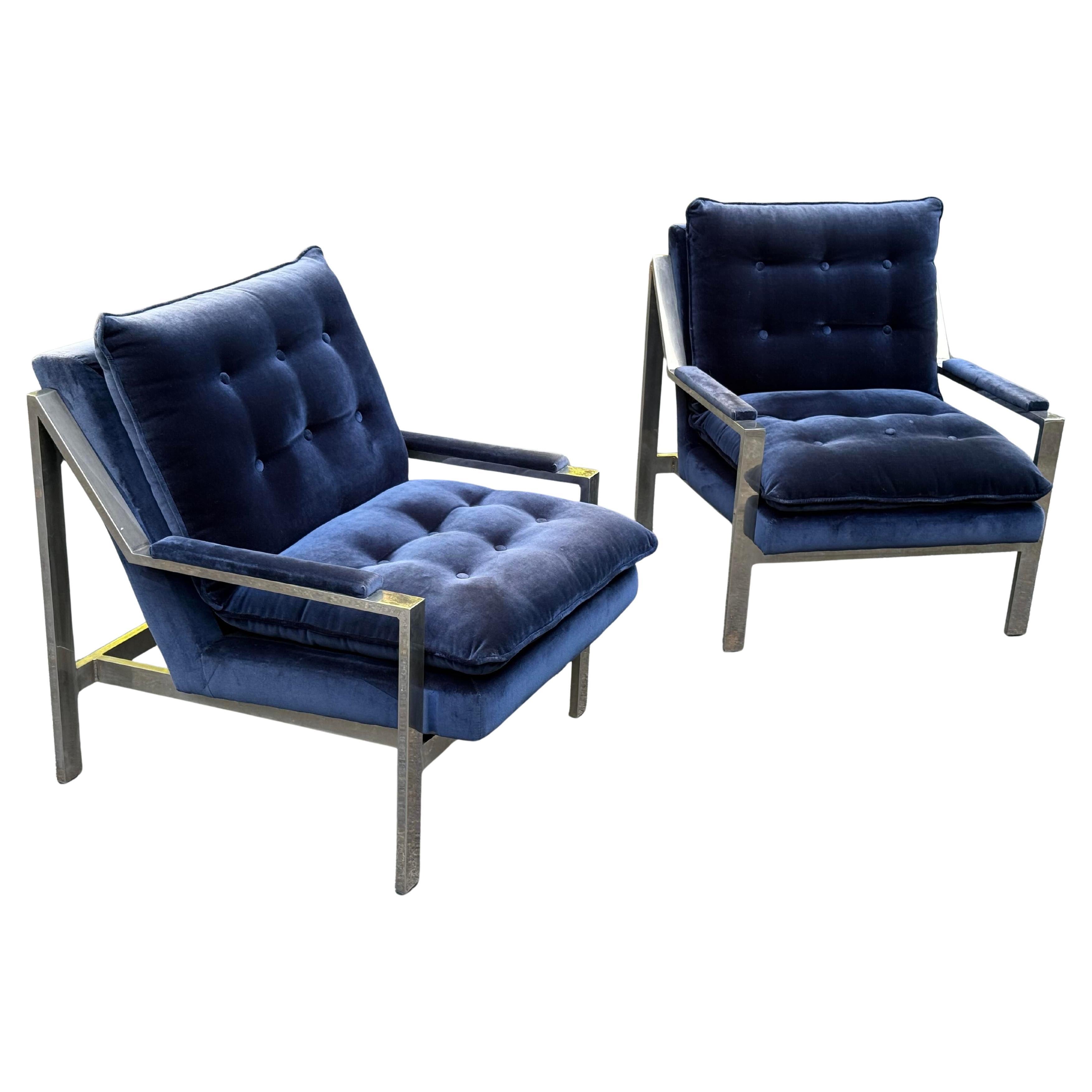 Mid-Century Modern Pair of Cy Mann Chrome Chairs in Blue Velvet - Circa 1960s For Sale