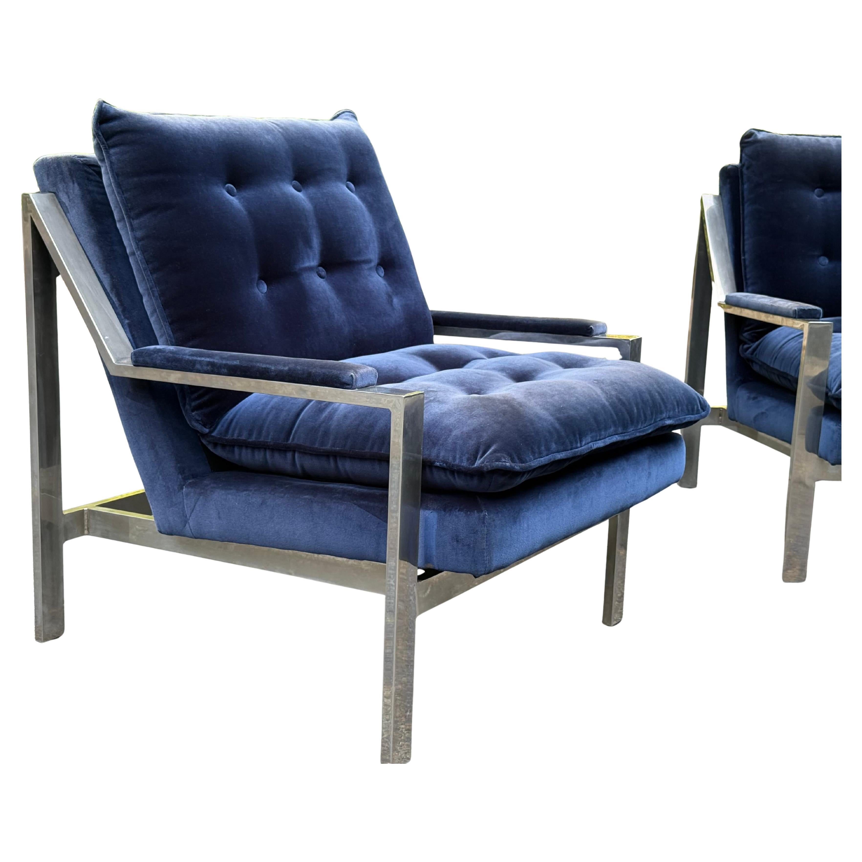 American Pair of Cy Mann Chrome Chairs in Blue Velvet - Circa 1960s For Sale