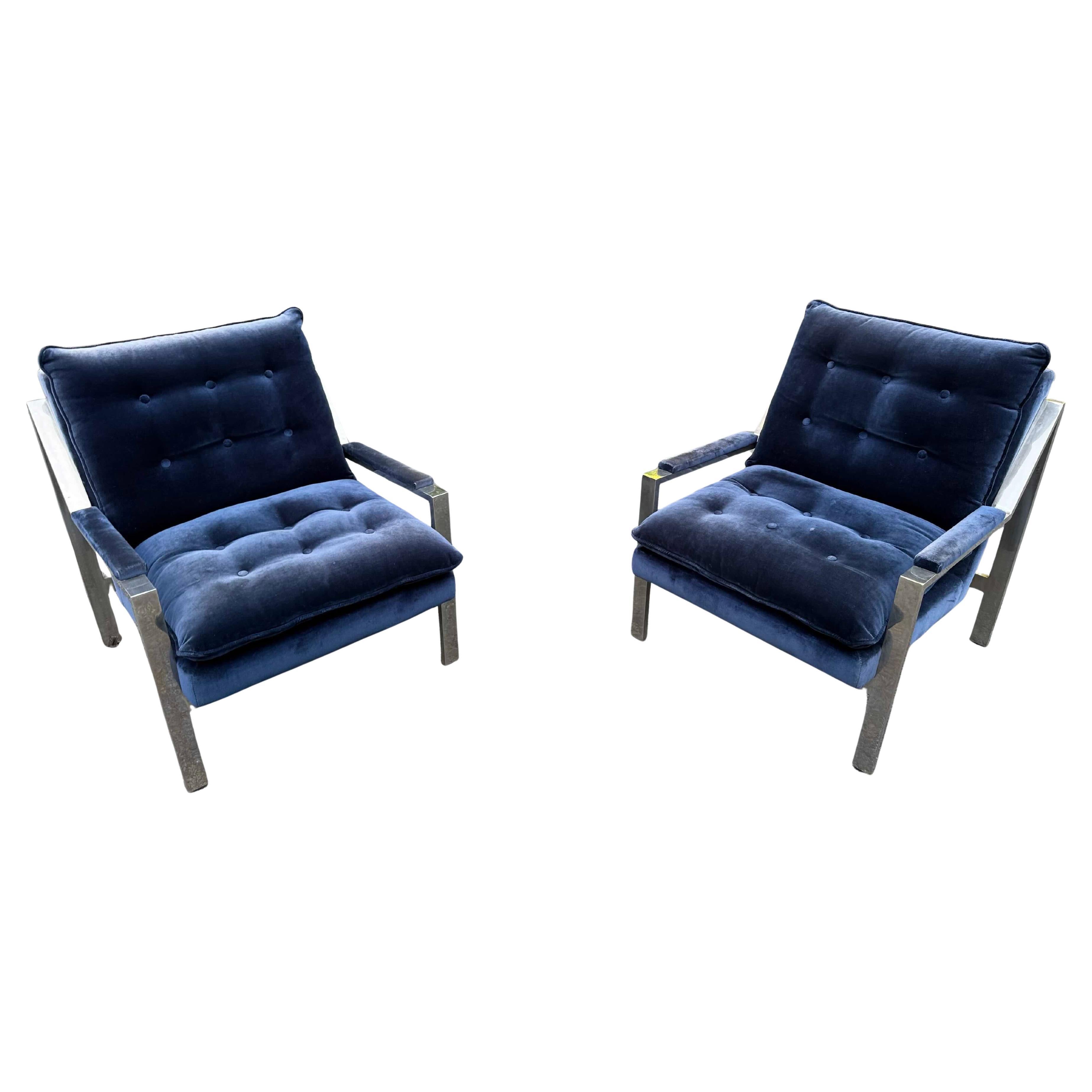 Mid-20th Century Pair of Cy Mann Chrome Chairs in Blue Velvet - Circa 1960s For Sale
