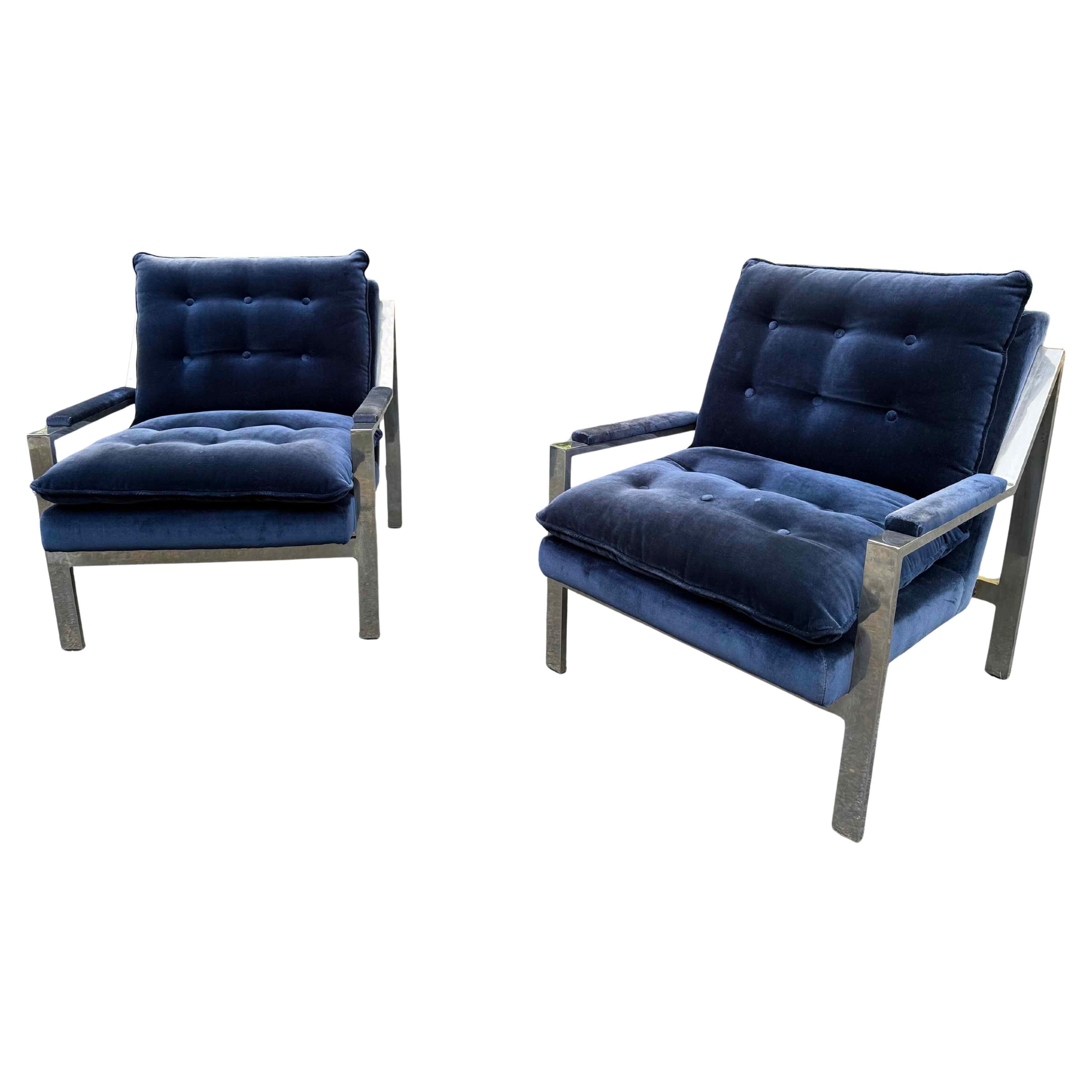 Pair of Cy Mann Chrome Chairs in Blue Velvet - Circa 1960s For Sale 2