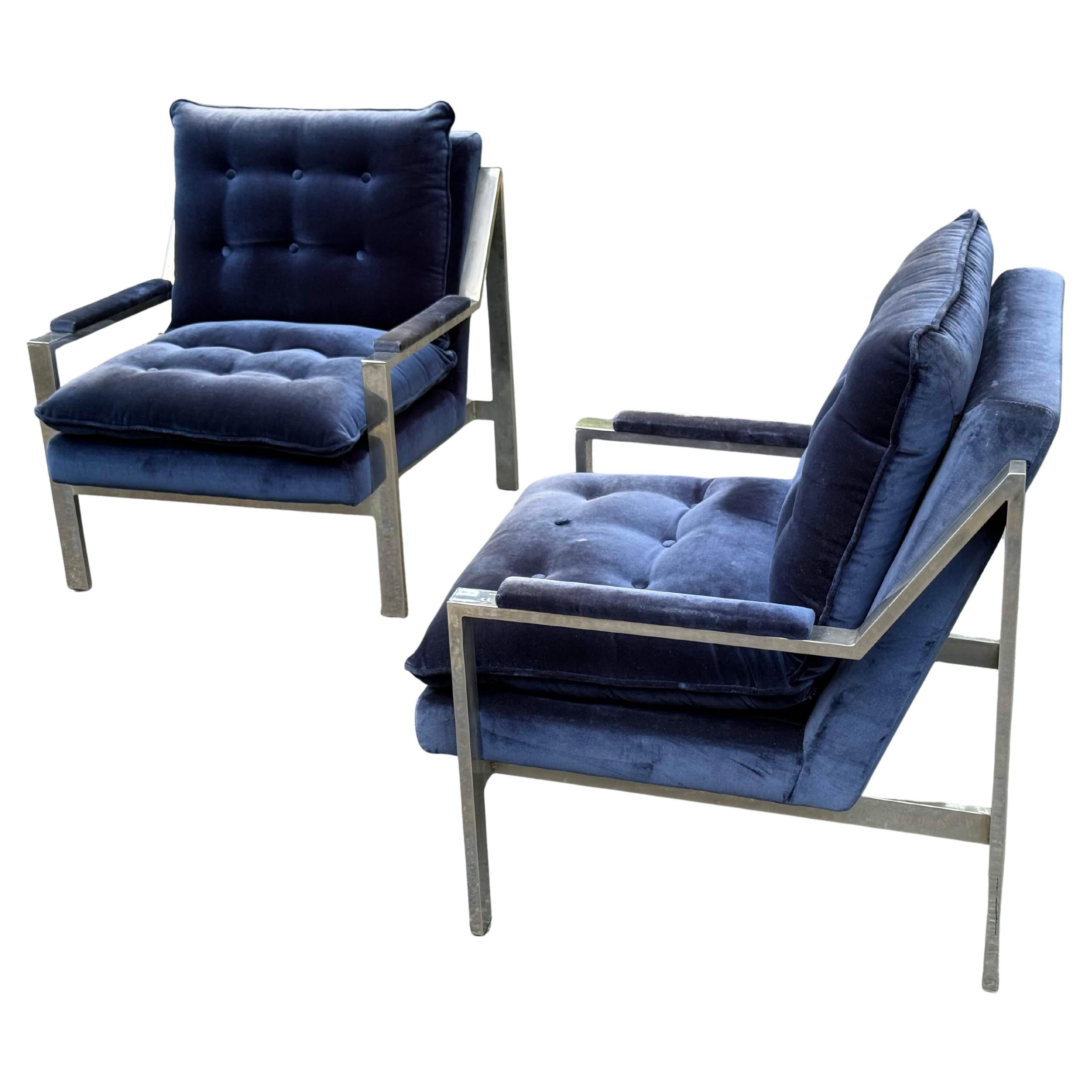Pair of Cy Mann Chrome Chairs in Blue Velvet - Circa 1960s For Sale 3