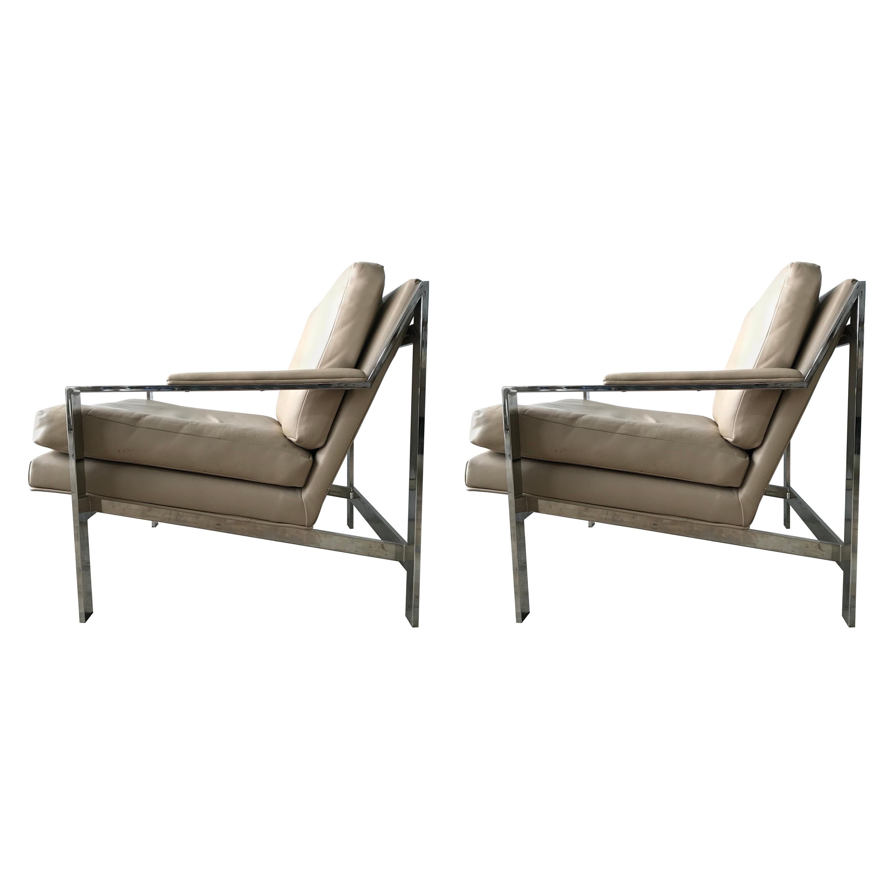 Pair of Cy Mann Leather and Chrome Armchairs in Milo Baughman Style