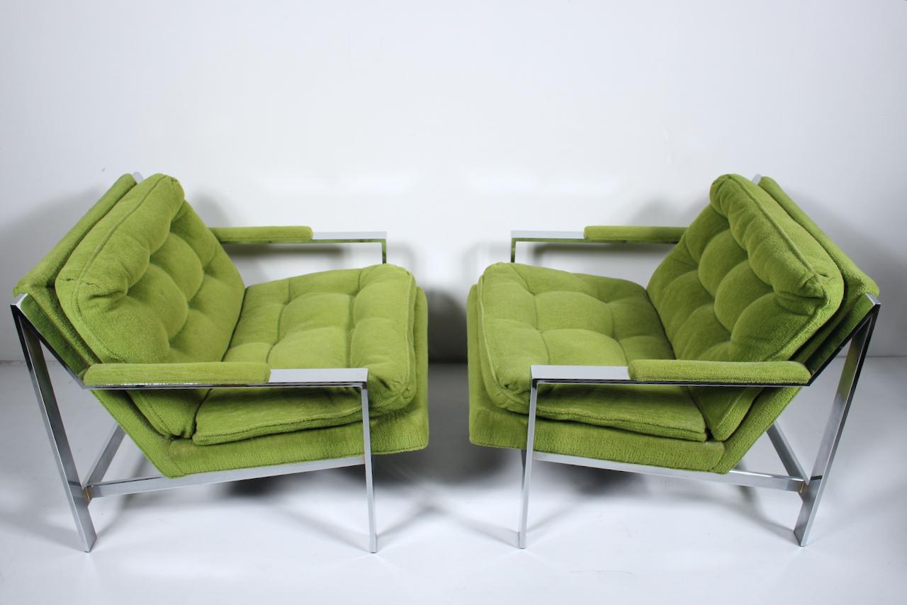 Modern Pair of Cy Mann Chrome and Bright Green Lounge Chairs, Circa 1970. Featuring flat bar Chrome construction, ergonomic slant back design, attached original upholstered tufted Spring Green broad and spacious cushions, detailed with padded and