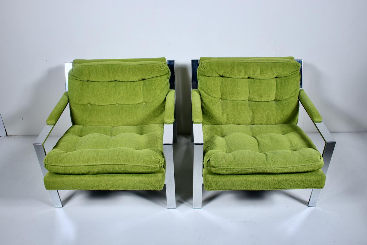 Modern Pair of Cy Mann Chrome Lounge Chairs in Lime Green, C. 1970  For Sale