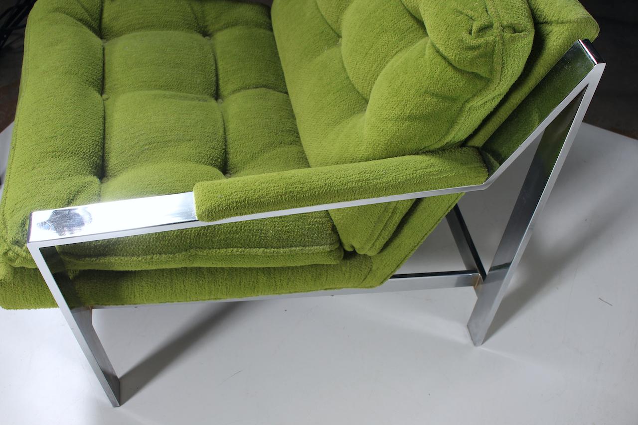 Velvet Pair of Cy Mann Chrome Lounge Chairs in Lime Green, C. 1970  For Sale
