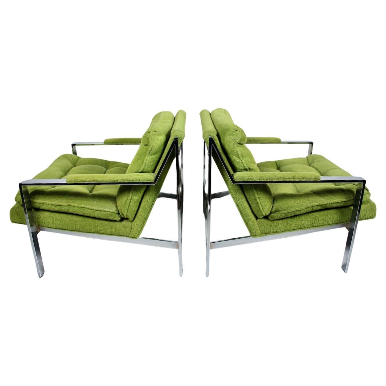 Pair of Cy Mann Chrome Lounge Chairs in Lime Green, C. 1970