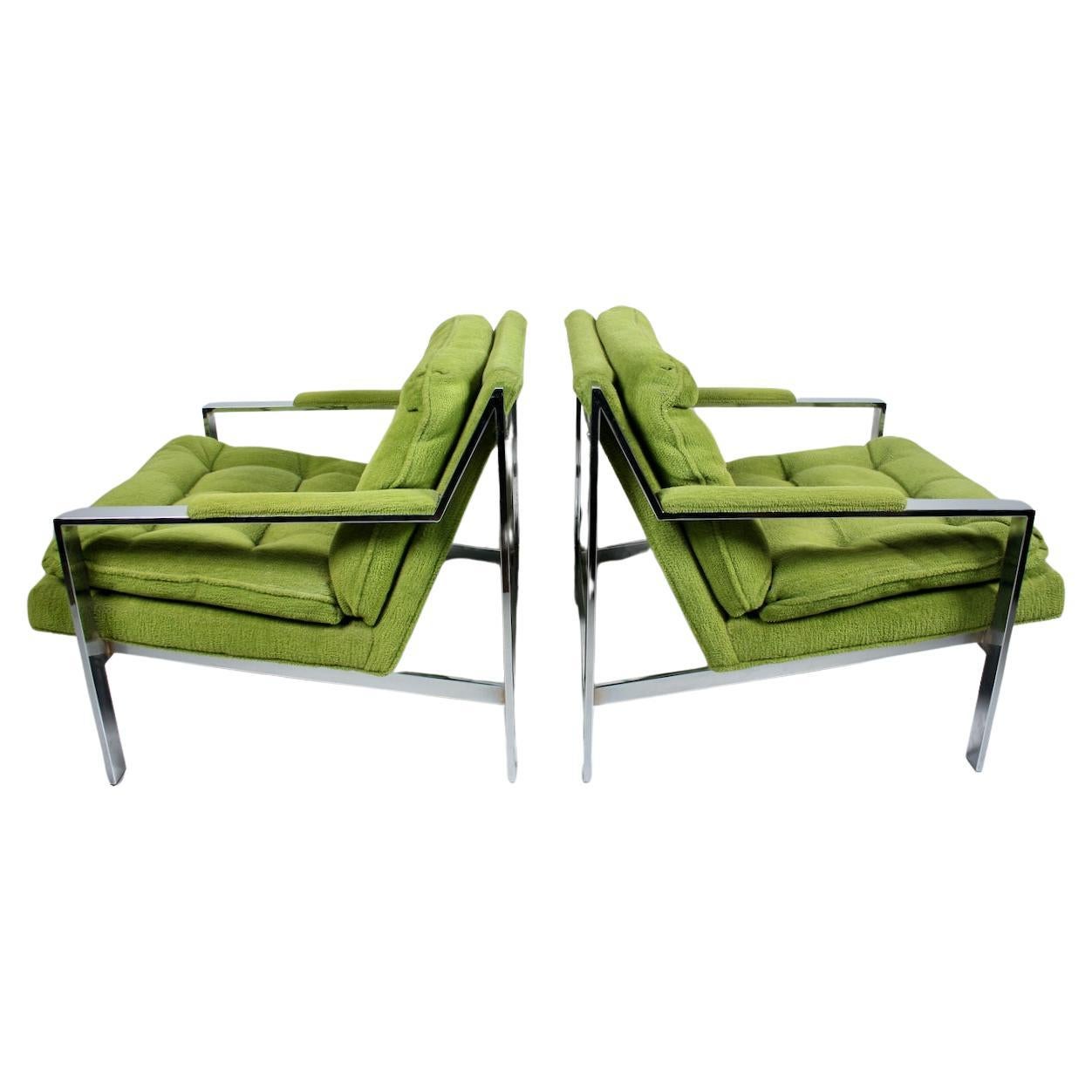 Paire de chaises longues chromées Cy Mann en vert citron, vers 1970 