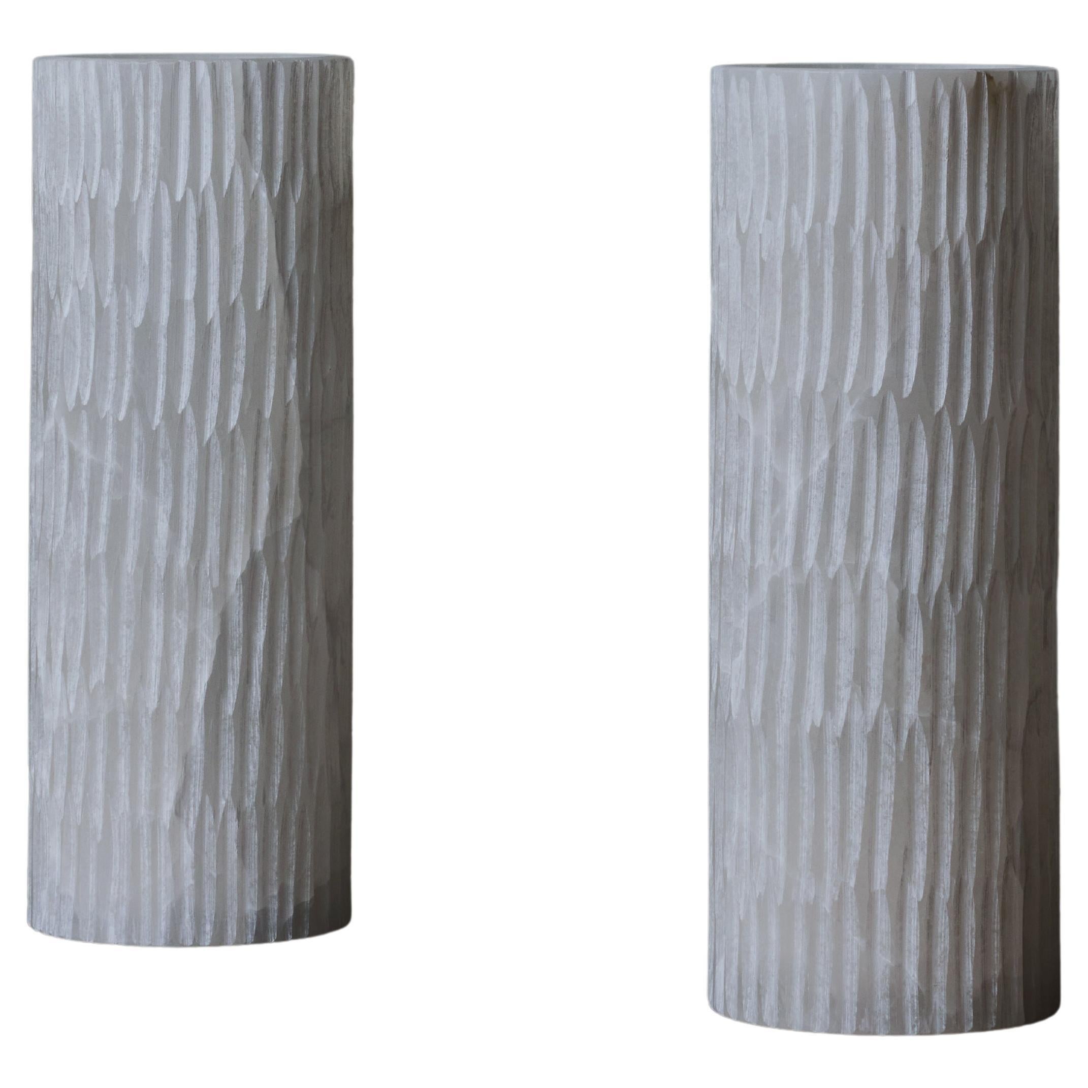 Pair of Cylindrical Alabaster Table Lamps For Sale