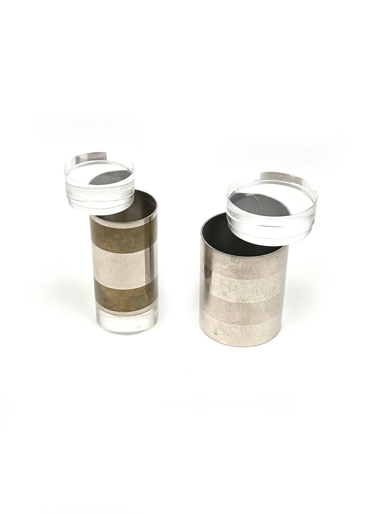 Mid-Century Modern Pair of Cylindrical Box in Chrome, Brass and Lucite by Romeo Rega, Italy 1970s For Sale