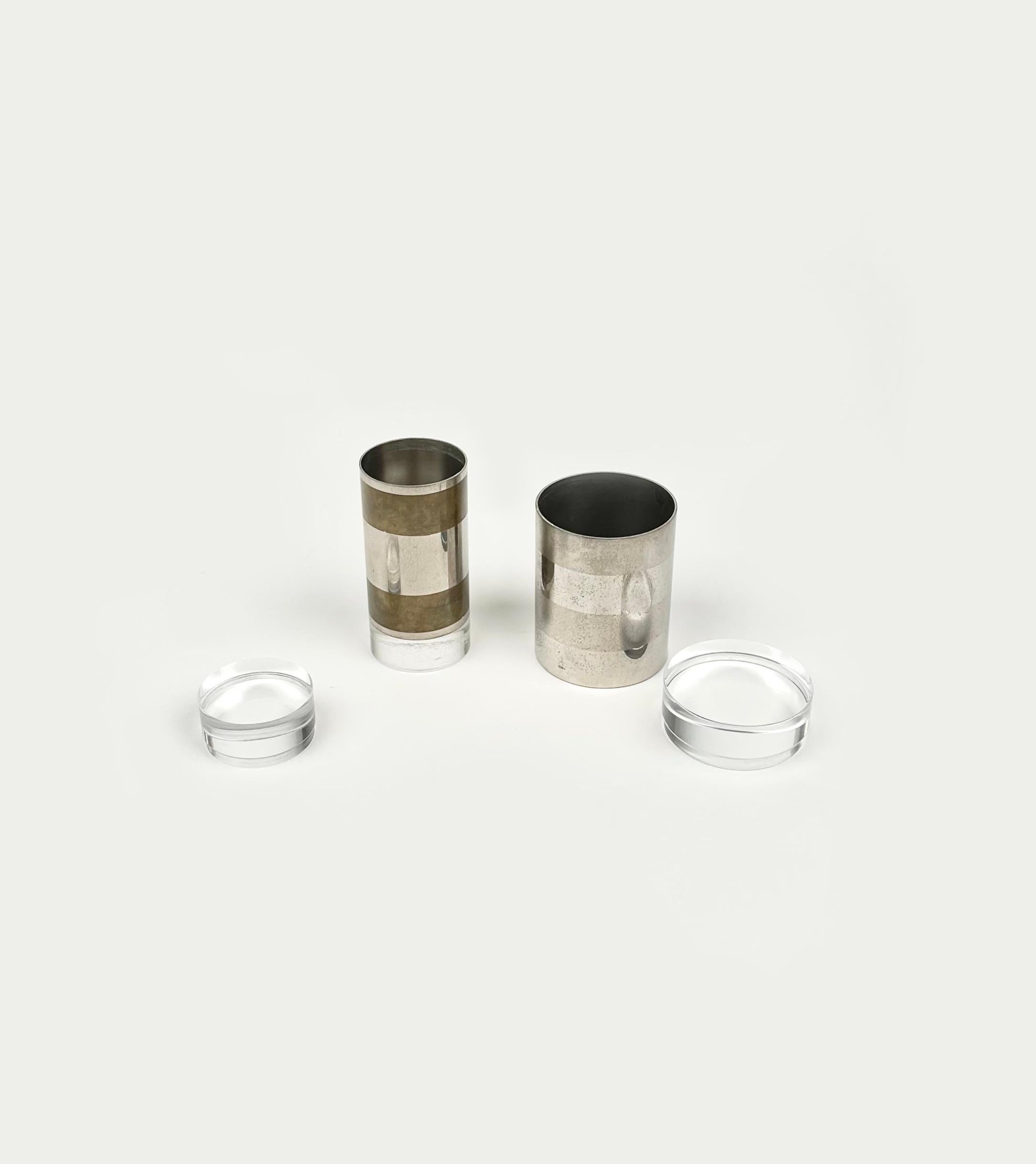 Italian Pair of Cylindrical Box in Chrome, Brass and Lucite by Romeo Rega, Italy 1970s For Sale