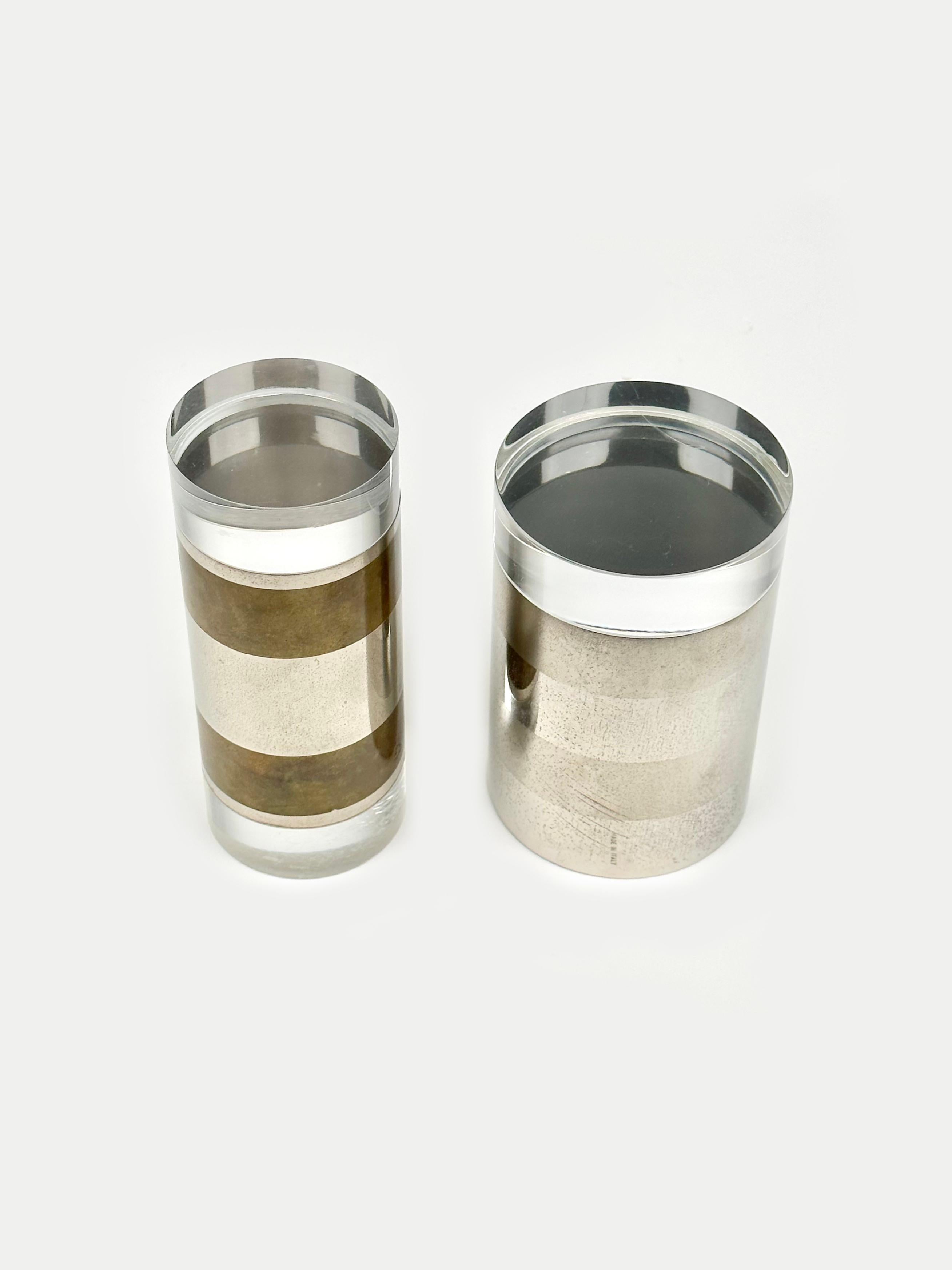 Late 20th Century Pair of Cylindrical Box in Chrome, Brass and Lucite by Romeo Rega, Italy 1970s For Sale
