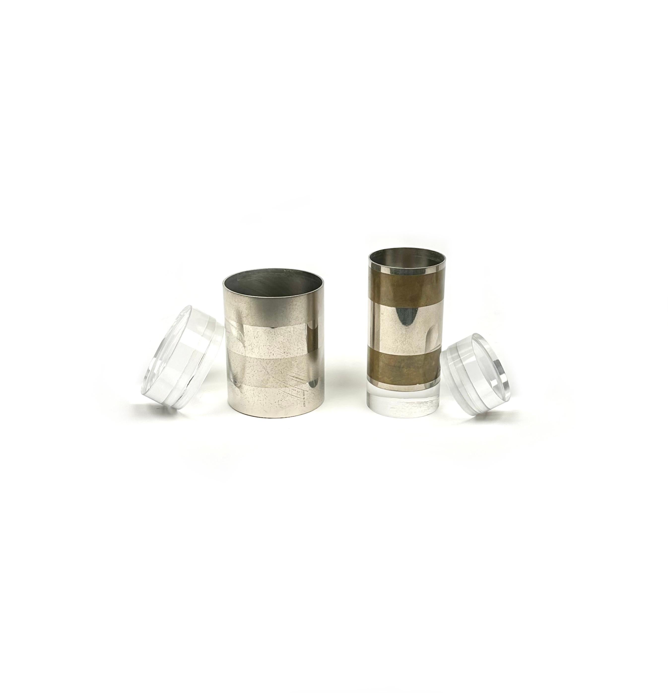 Metal Pair of Cylindrical Box in Chrome, Brass and Lucite by Romeo Rega, Italy 1970s For Sale