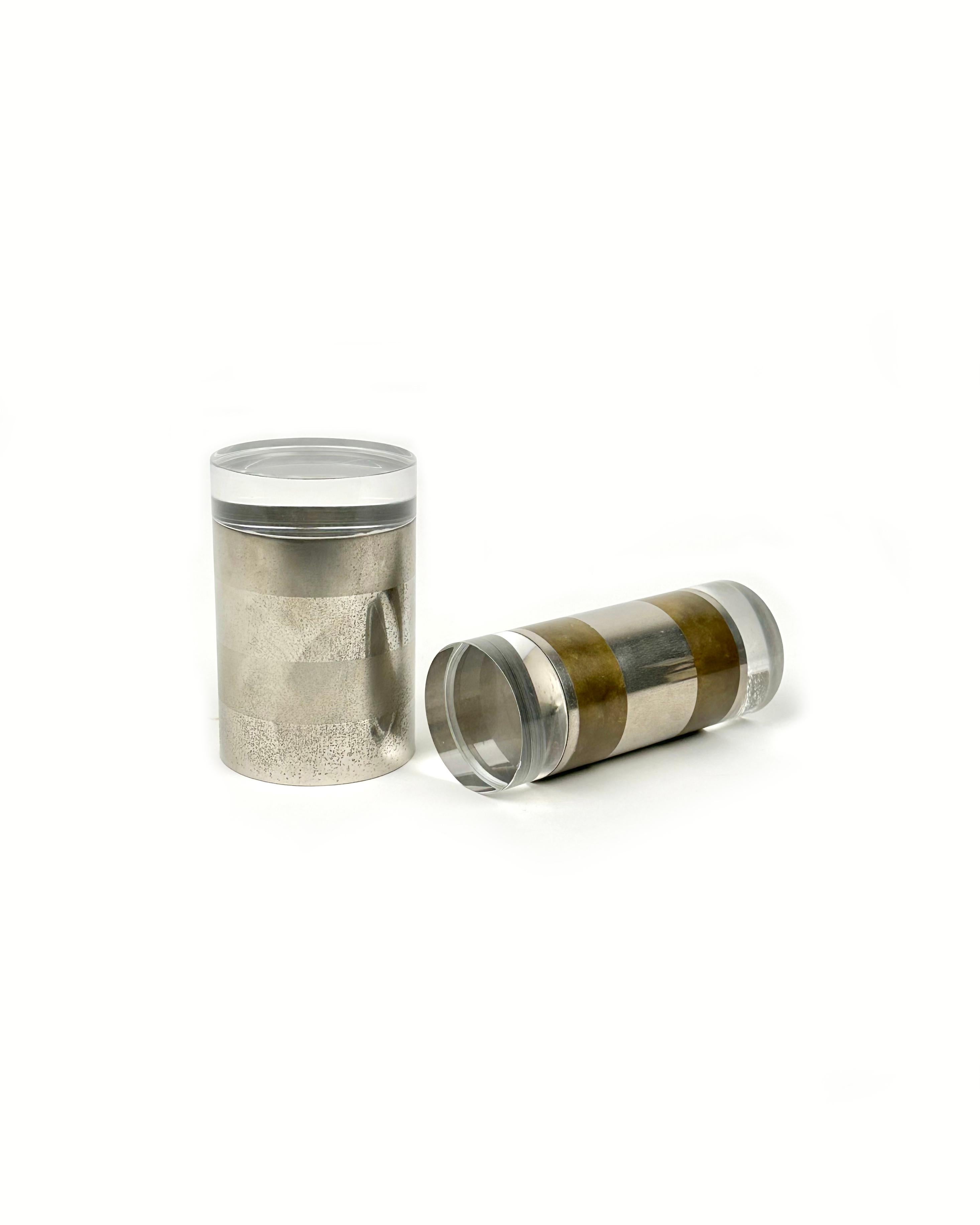 Pair of Cylindrical Box in Chrome, Brass and Lucite by Romeo Rega, Italy 1970s For Sale 1