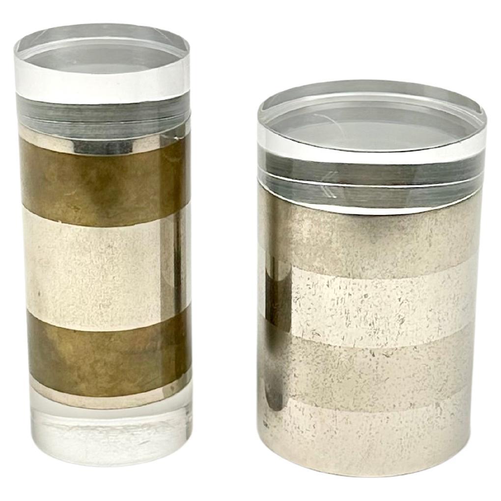 Pair of Cylindrical Box in Chrome, Brass and Lucite by Romeo Rega, Italy 1970s For Sale