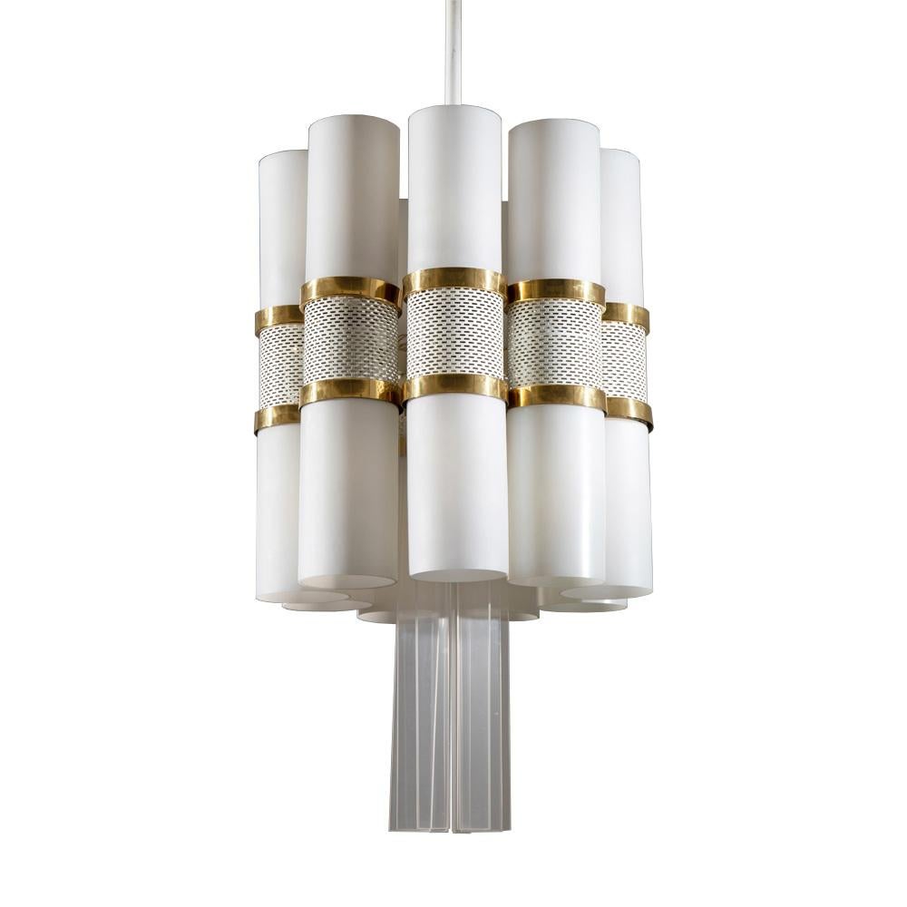This pair of grand chandeliers is from the Staatsbibliothek Unter Den Linden.  The design features two rows of nine cylindrical tubes of white milk glass (18 cylinders in total).  Each tube sits in a brass ring. The middle row connecting the upper
