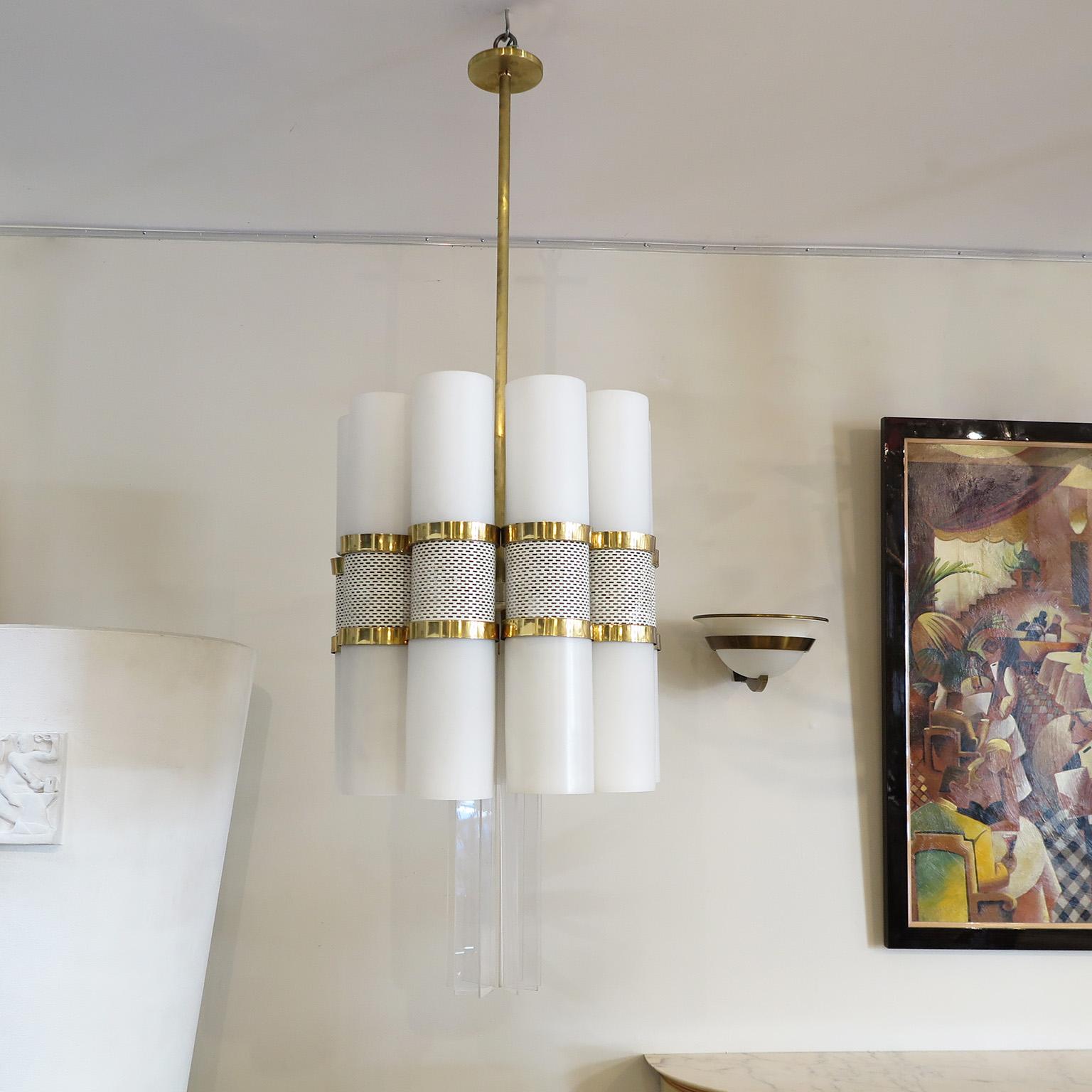 Mid-Century Modern Pair of Cylindrical Chandeliers in Milk Glass and Brass, Germany c. 1960's For Sale